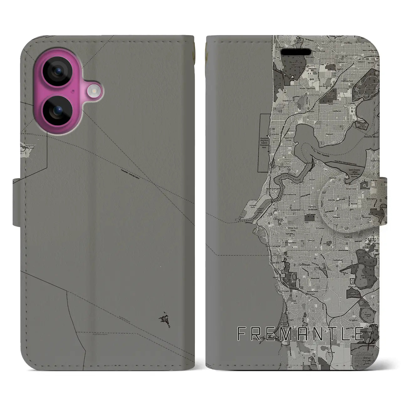 【フリーマントル(オーストラリア)】地図柄iPhoneケース(手帳タイプ)モノトーン・iPhone 16 Pro 用