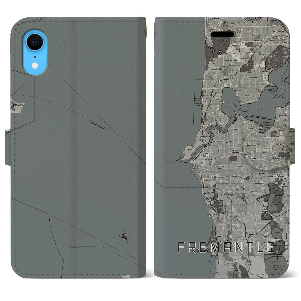 【フリーマントル(オーストラリア)】地図柄iPhoneケース(手帳タイプ)モノトーン・iPhone XR 用