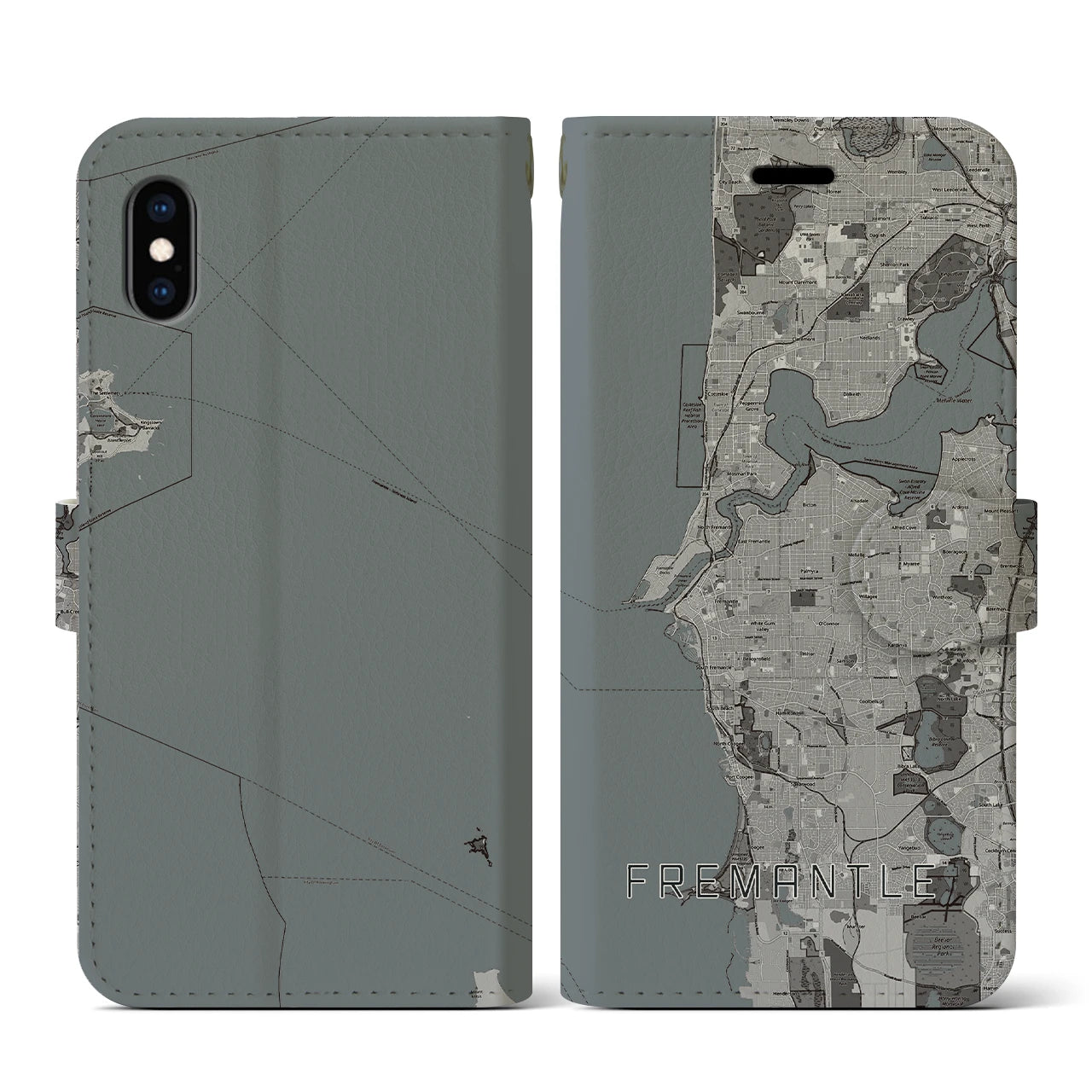 【フリーマントル(オーストラリア)】地図柄iPhoneケース(手帳タイプ)モノトーン・iPhone XS / X 用