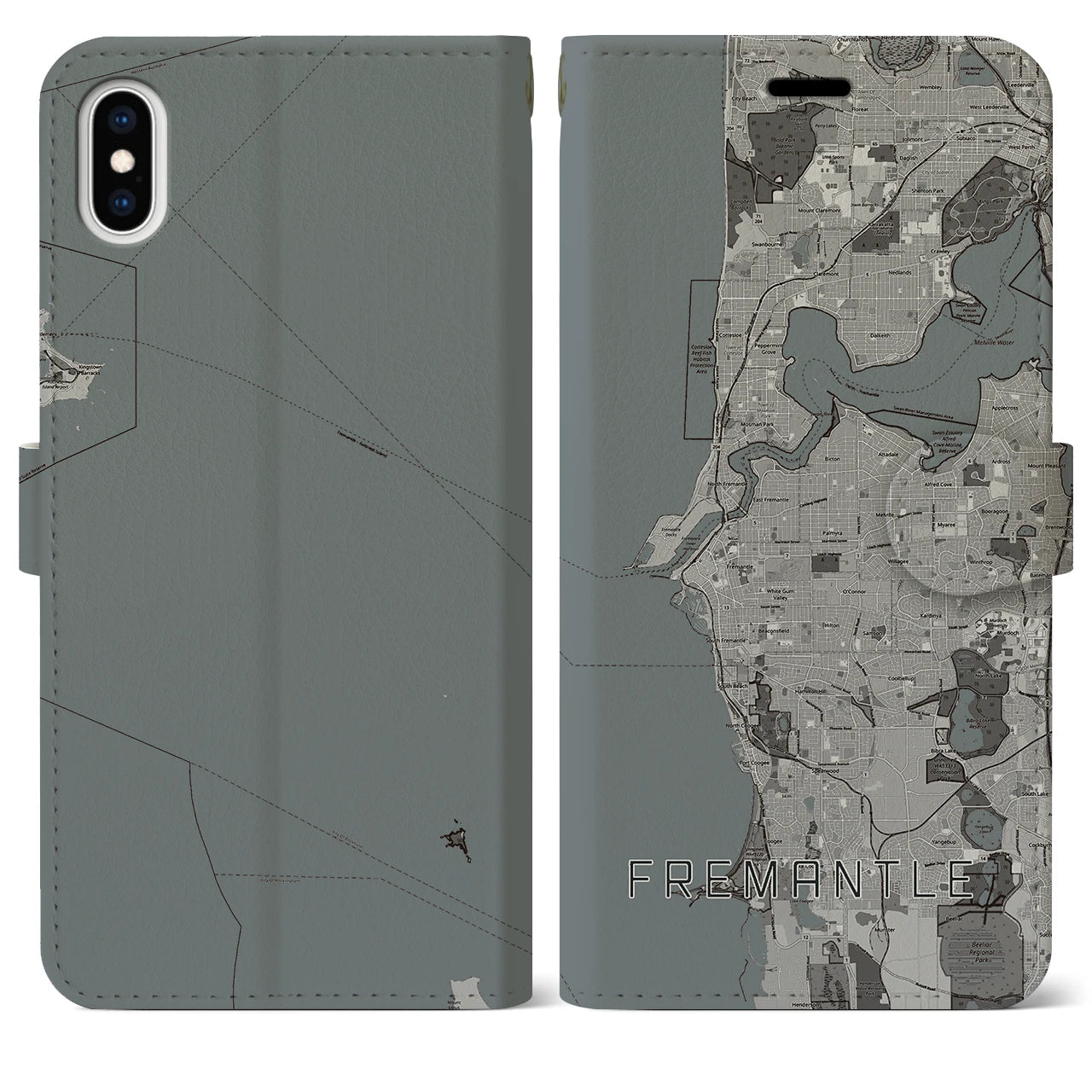 【フリーマントル(オーストラリア)】地図柄iPhoneケース(手帳タイプ)モノトーン・iPhone XS Max 用