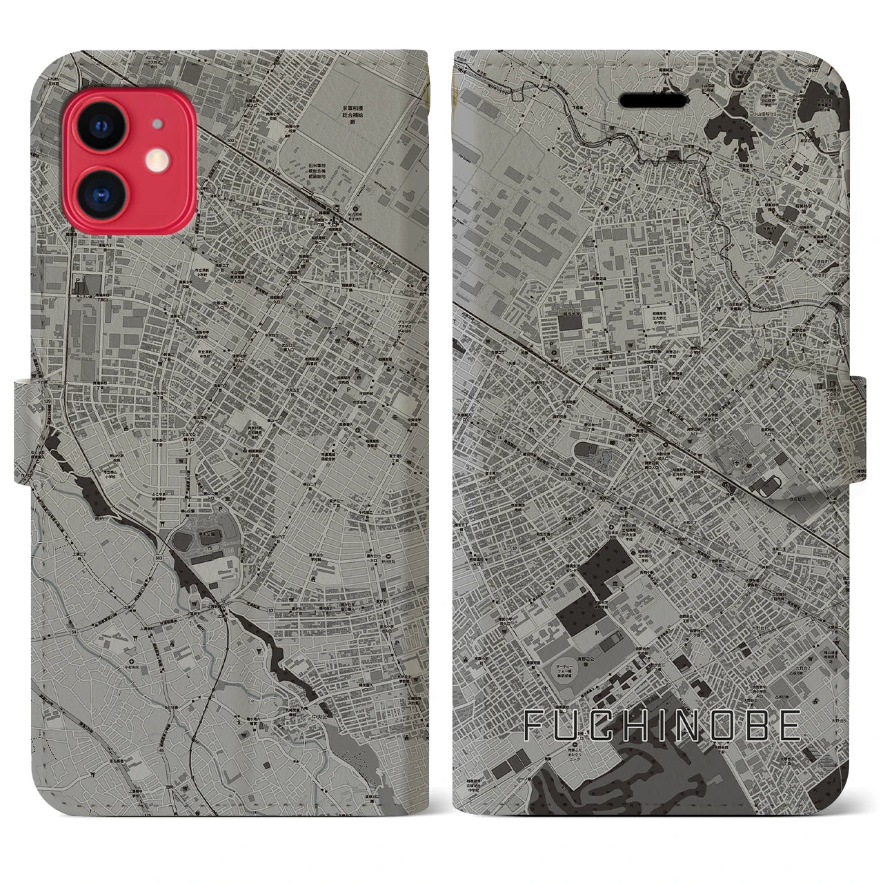 【淵野辺(神奈川県)】地図柄iPhoneケース(手帳タイプ)モノトーン・iPhone 11 用