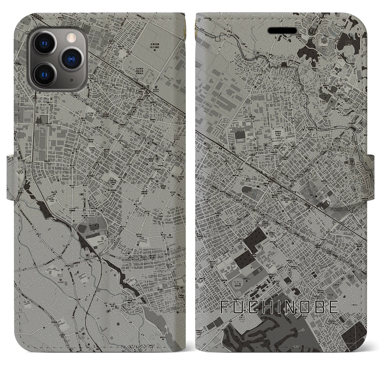 【淵野辺(神奈川県)】地図柄iPhoneケース(手帳タイプ)モノトーン・iPhone 11 Pro Max 用