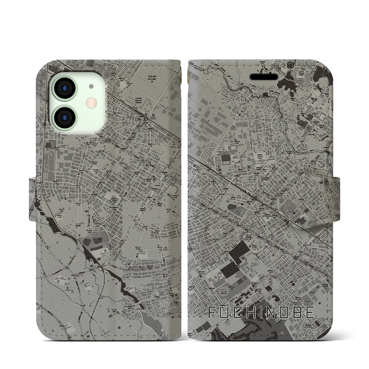 【淵野辺(神奈川県)】地図柄iPhoneケース(手帳タイプ)モノトーン・iPhone 12 mini 用