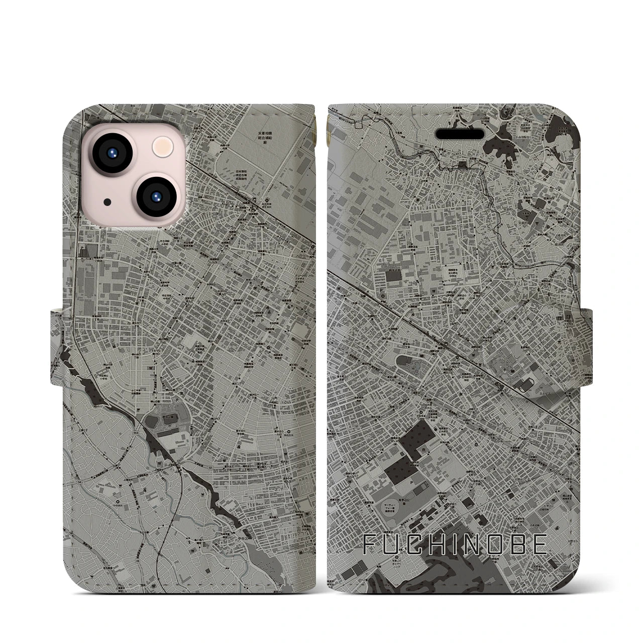 【淵野辺(神奈川県)】地図柄iPhoneケース(手帳タイプ)モノトーン・iPhone 13 mini 用