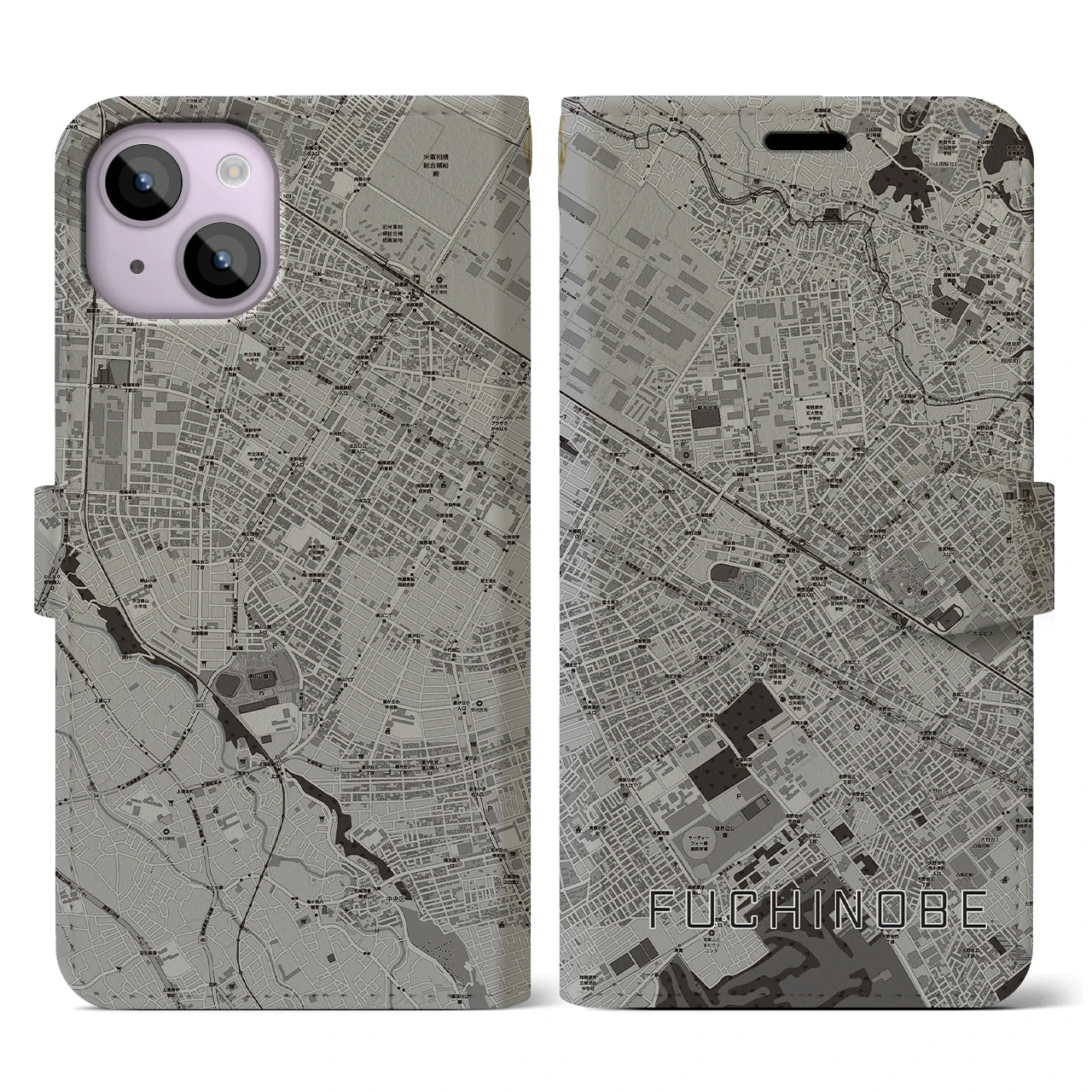【淵野辺(神奈川県)】地図柄iPhoneケース(手帳タイプ)モノトーン・iPhone 14 用