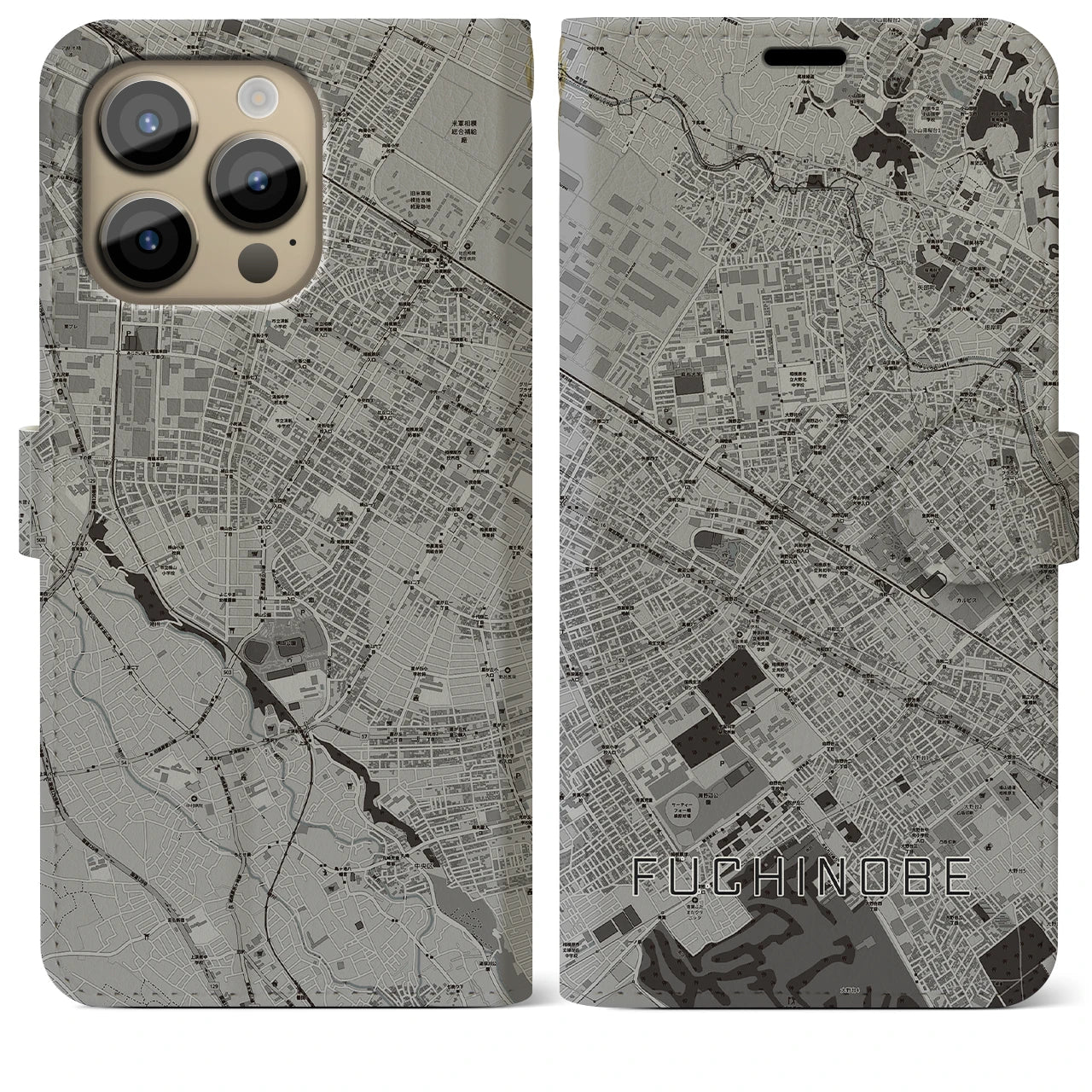 【淵野辺(神奈川県)】地図柄iPhoneケース(手帳タイプ)モノトーン・iPhone 14 Pro Max 用