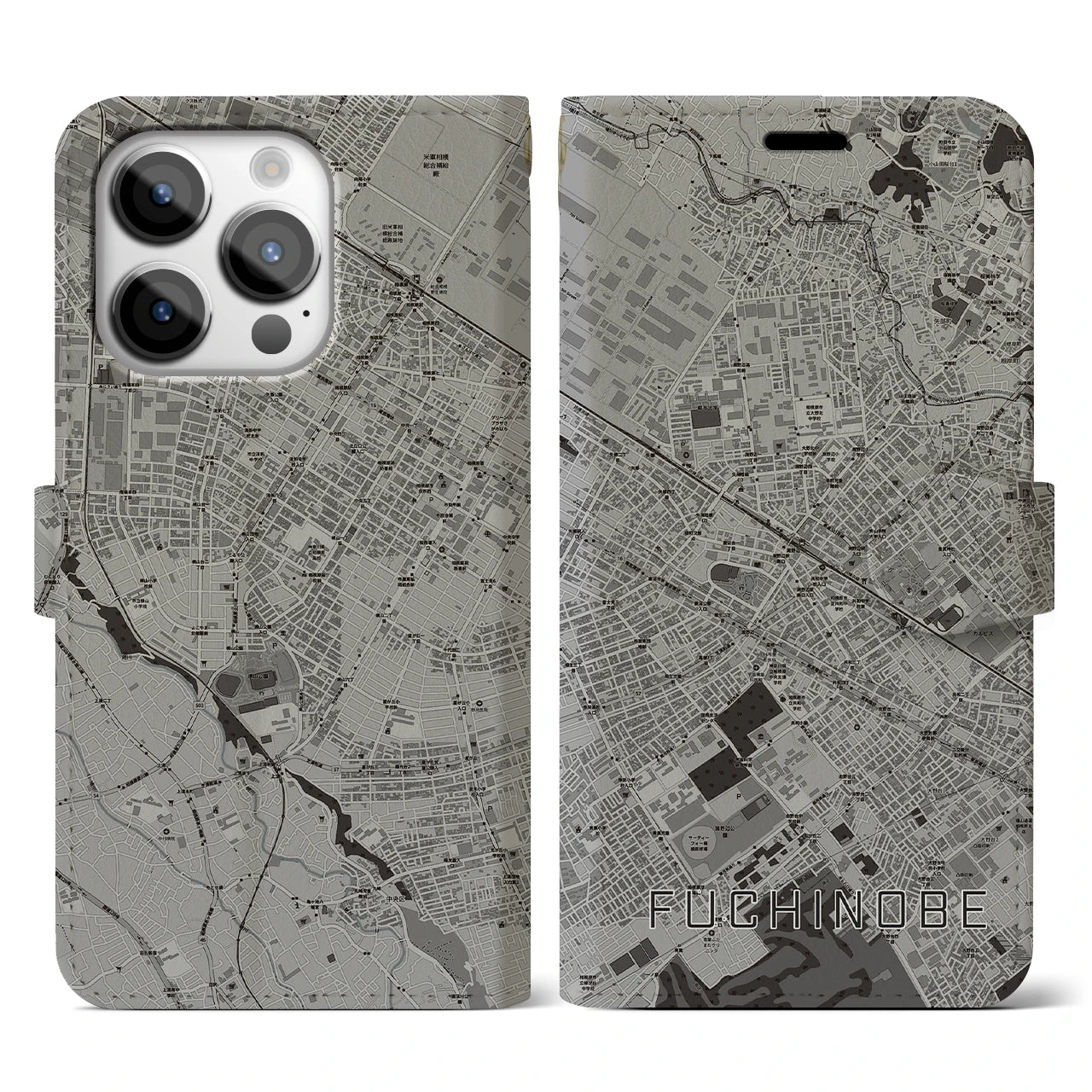 【淵野辺(神奈川県)】地図柄iPhoneケース(手帳タイプ)モノトーン・iPhone 14 Pro 用