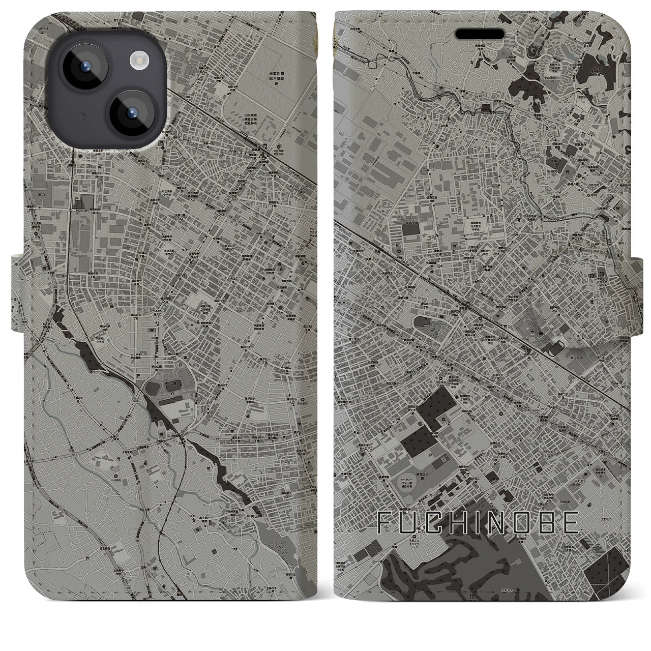 【淵野辺(神奈川県)】地図柄iPhoneケース(手帳タイプ)モノトーン・iPhone 14 Plus 用