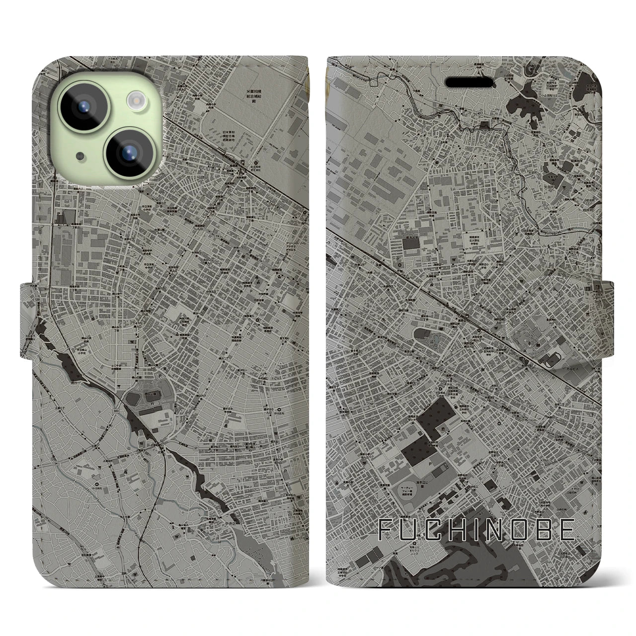 【淵野辺(神奈川県)】地図柄iPhoneケース(手帳タイプ)モノトーン・iPhone 15 用