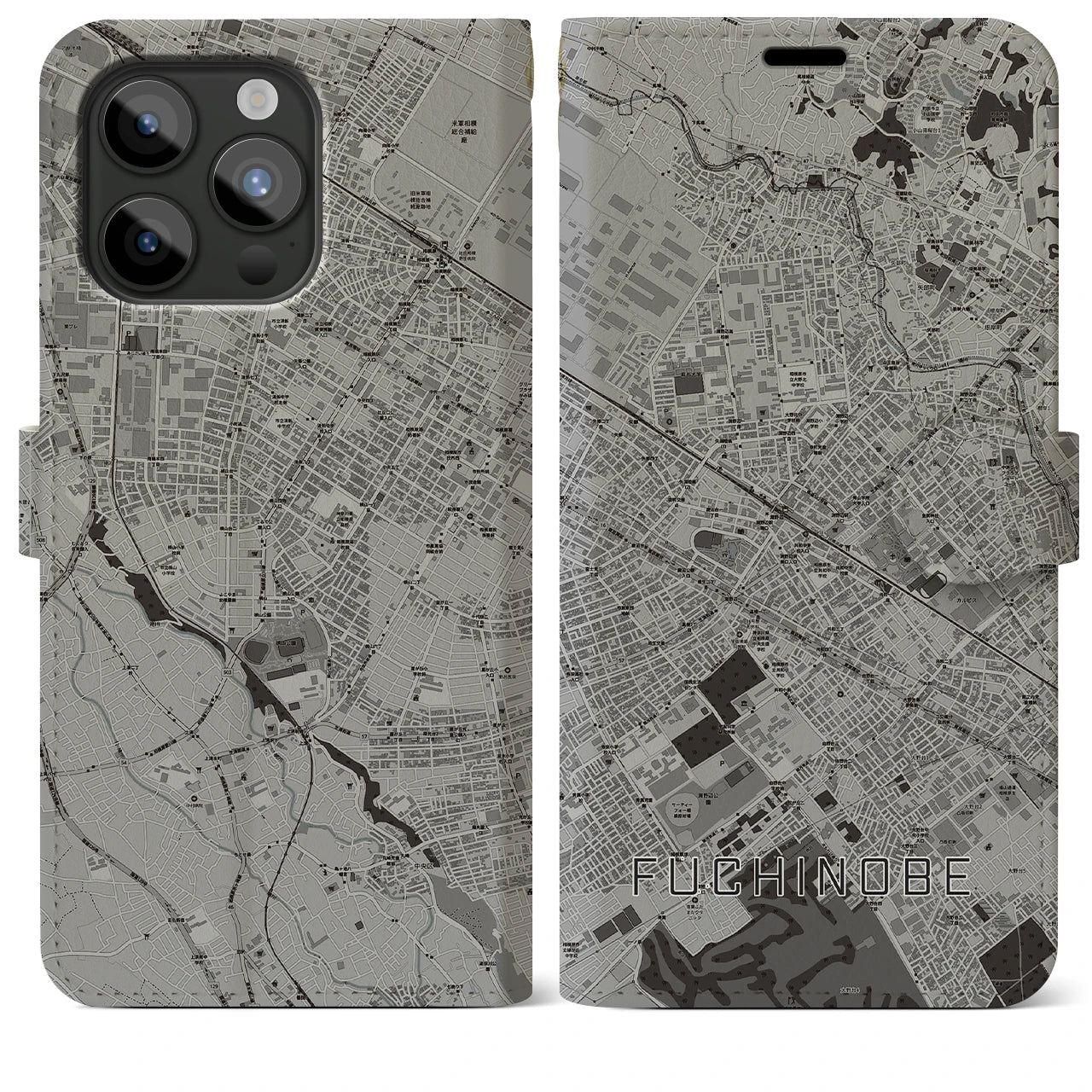 【淵野辺(神奈川県)】地図柄iPhoneケース(手帳タイプ)モノトーン・iPhone 15 Pro Max 用