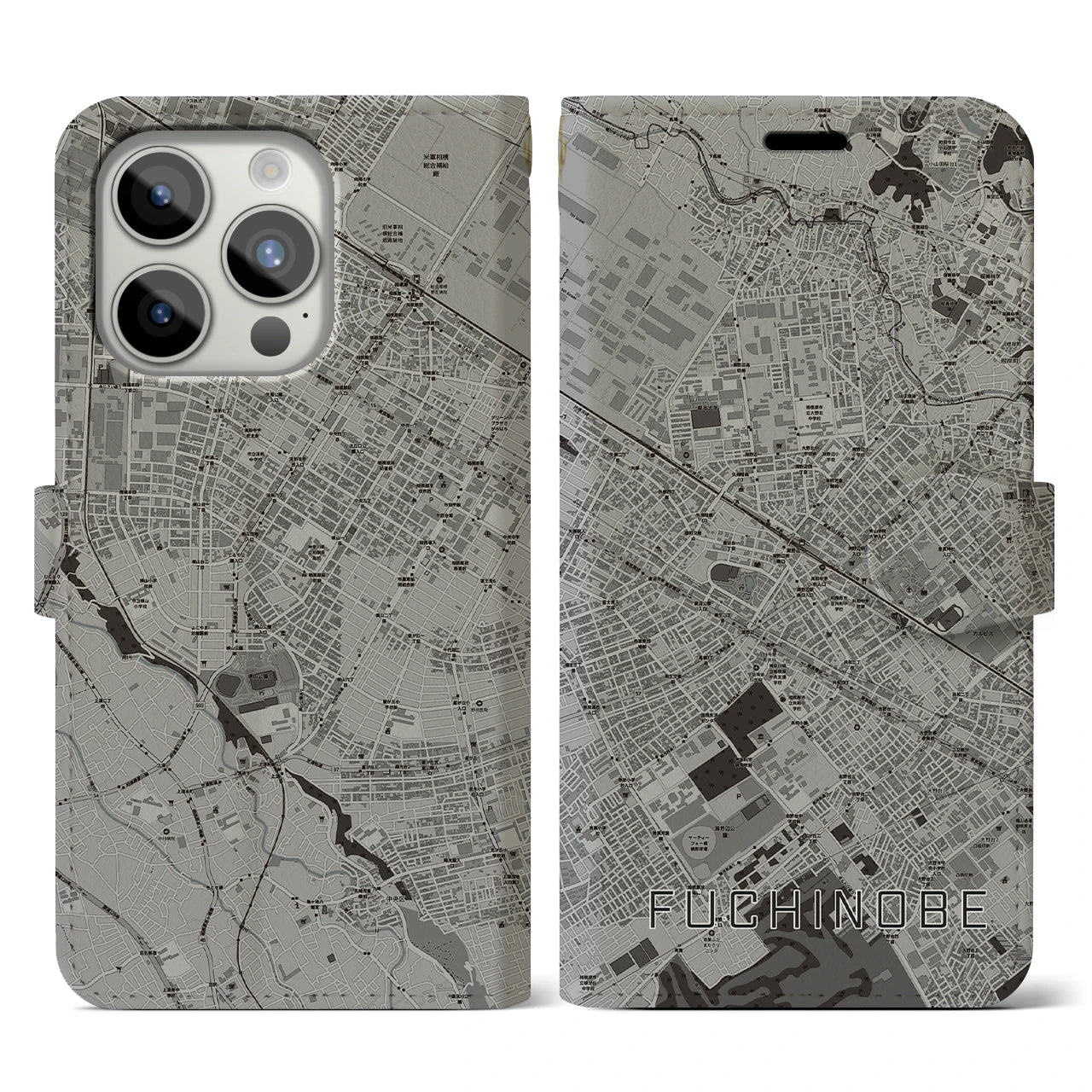 【淵野辺(神奈川県)】地図柄iPhoneケース(手帳タイプ)モノトーン・iPhone 15 Pro 用