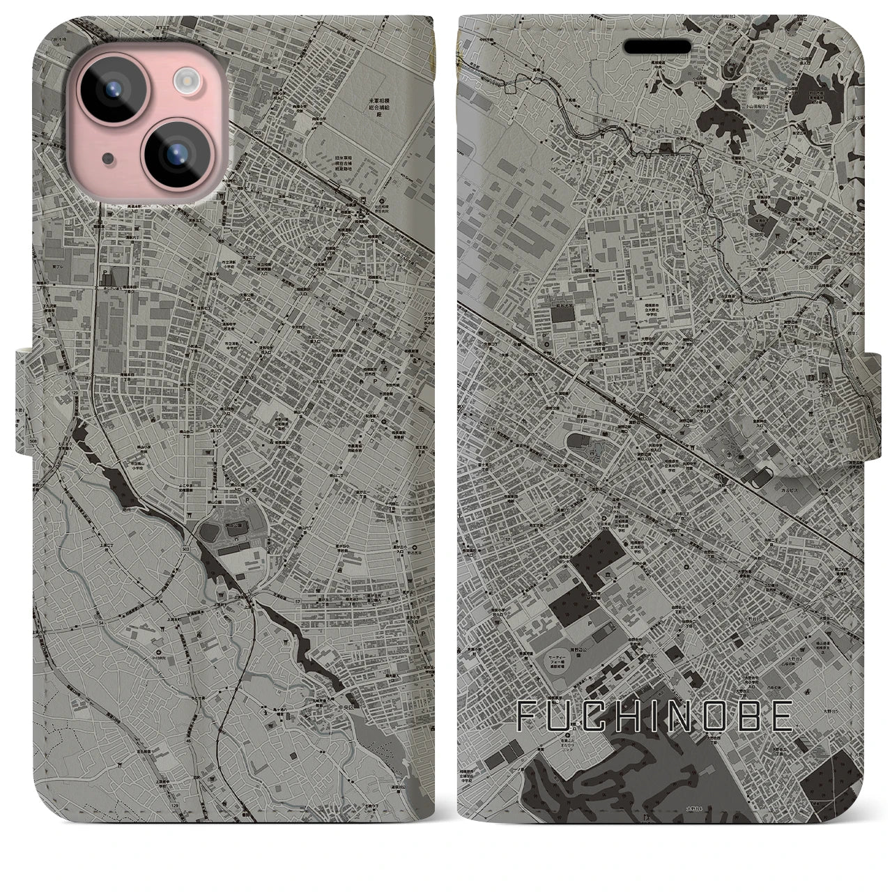 【淵野辺(神奈川県)】地図柄iPhoneケース(手帳タイプ)モノトーン・iPhone 15 Plus 用