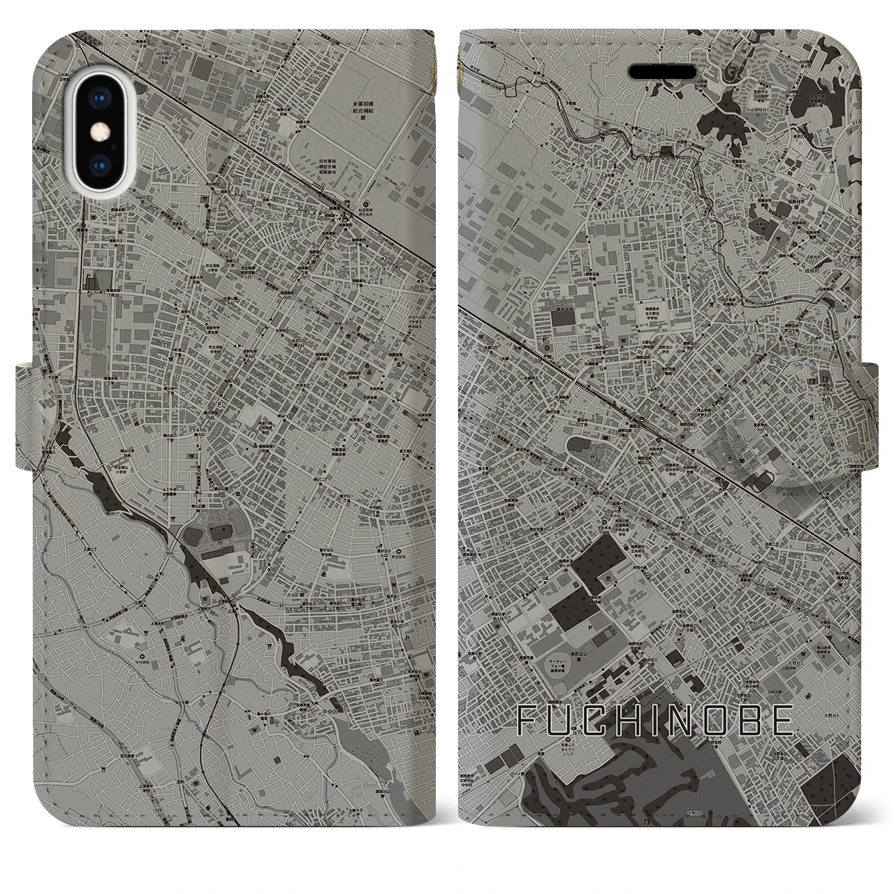 【淵野辺(神奈川県)】地図柄iPhoneケース(手帳タイプ)モノトーン・iPhone XS Max 用