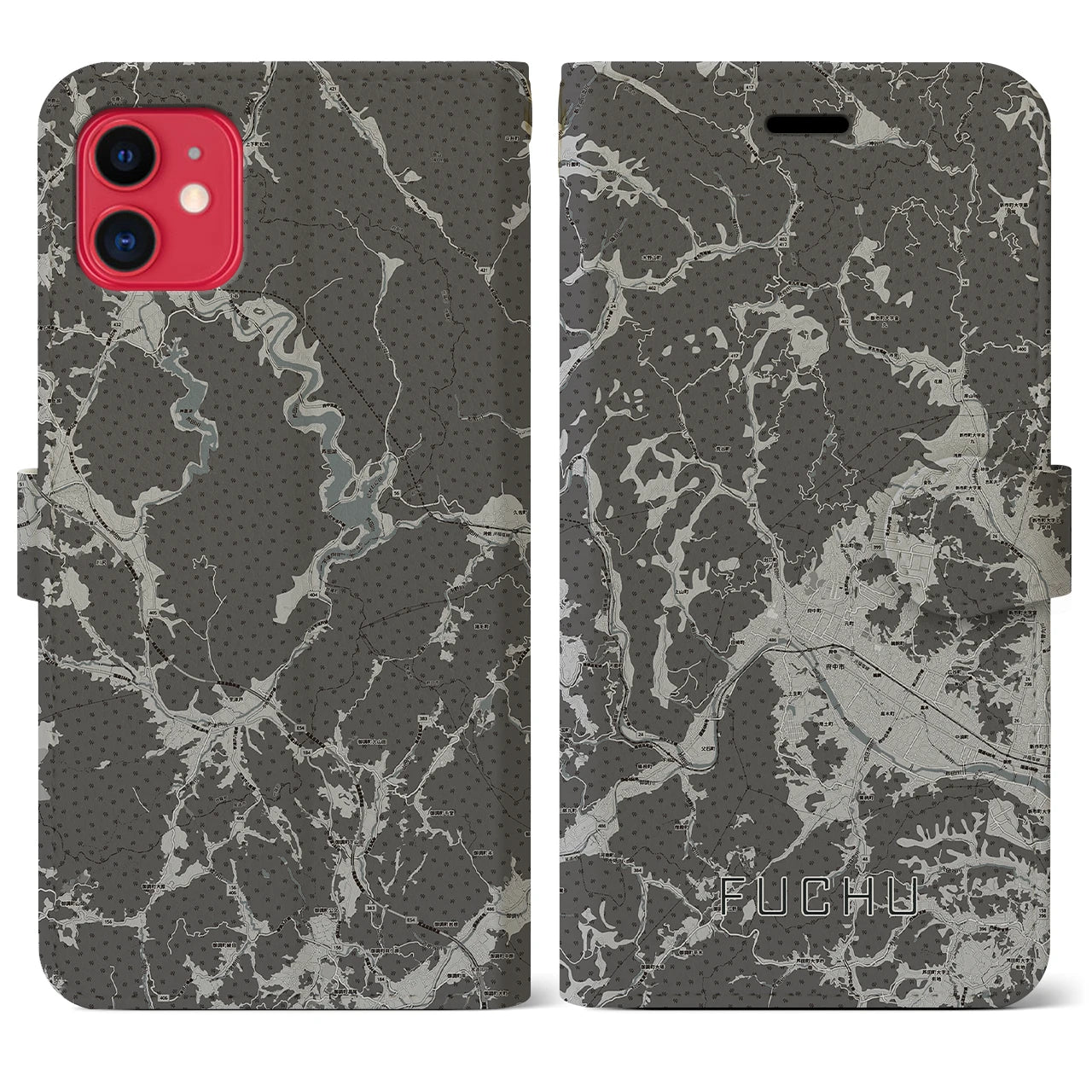 【府中(広島県)】地図柄iPhoneケース(手帳タイプ)モノトーン・iPhone 11 用