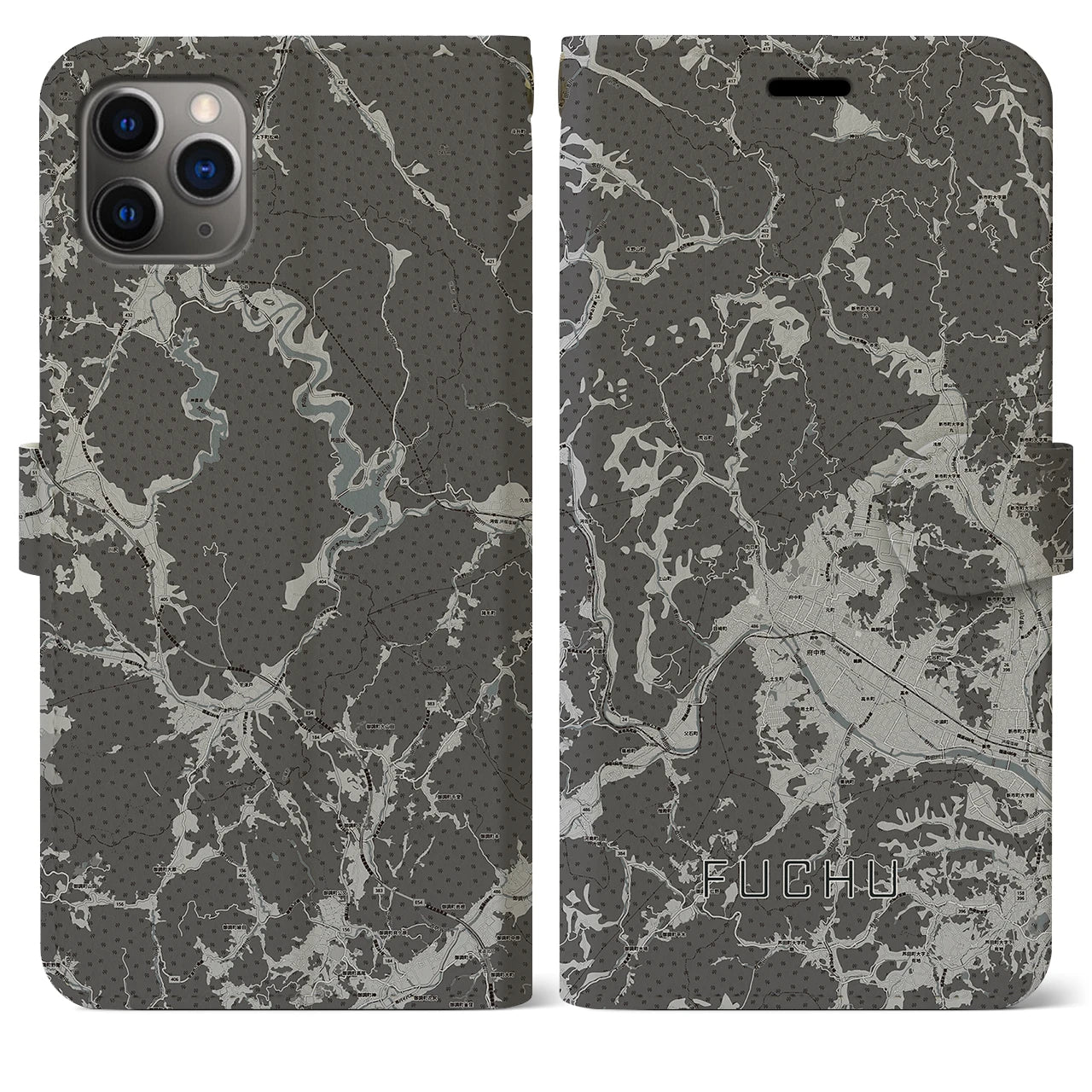 【府中(広島県)】地図柄iPhoneケース(手帳タイプ)モノトーン・iPhone 11 Pro Max 用