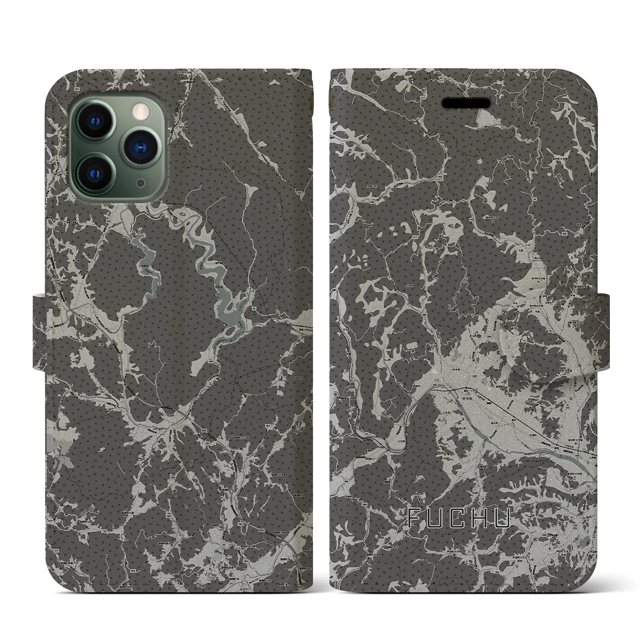 【府中(広島県)】地図柄iPhoneケース(手帳タイプ)モノトーン・iPhone 11 Pro 用