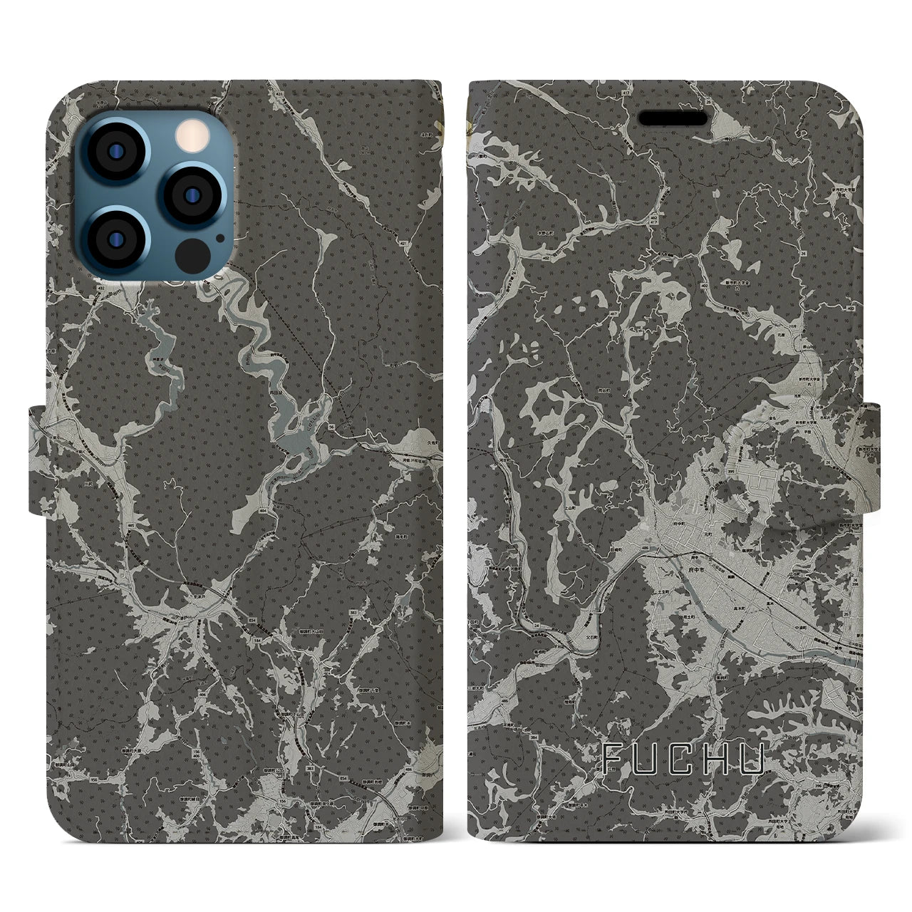 【府中(広島県)】地図柄iPhoneケース(手帳タイプ)モノトーン・iPhone 12 / 12 Pro 用