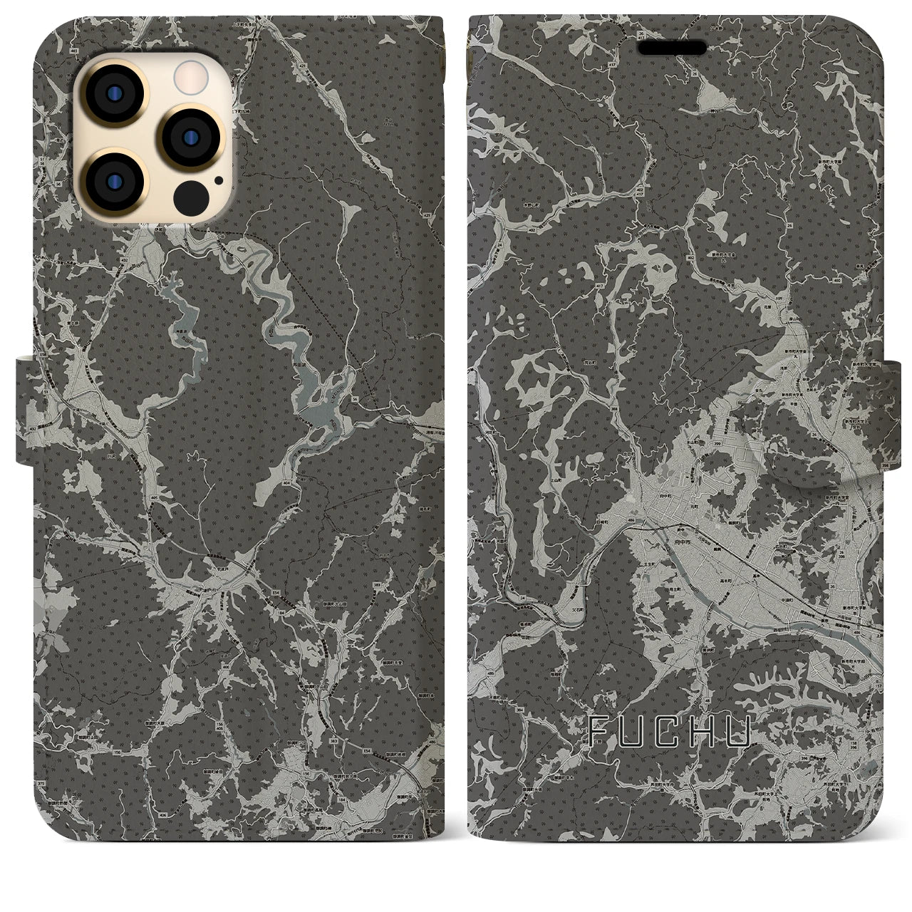 【府中(広島県)】地図柄iPhoneケース(手帳タイプ)モノトーン・iPhone 12 Pro Max 用