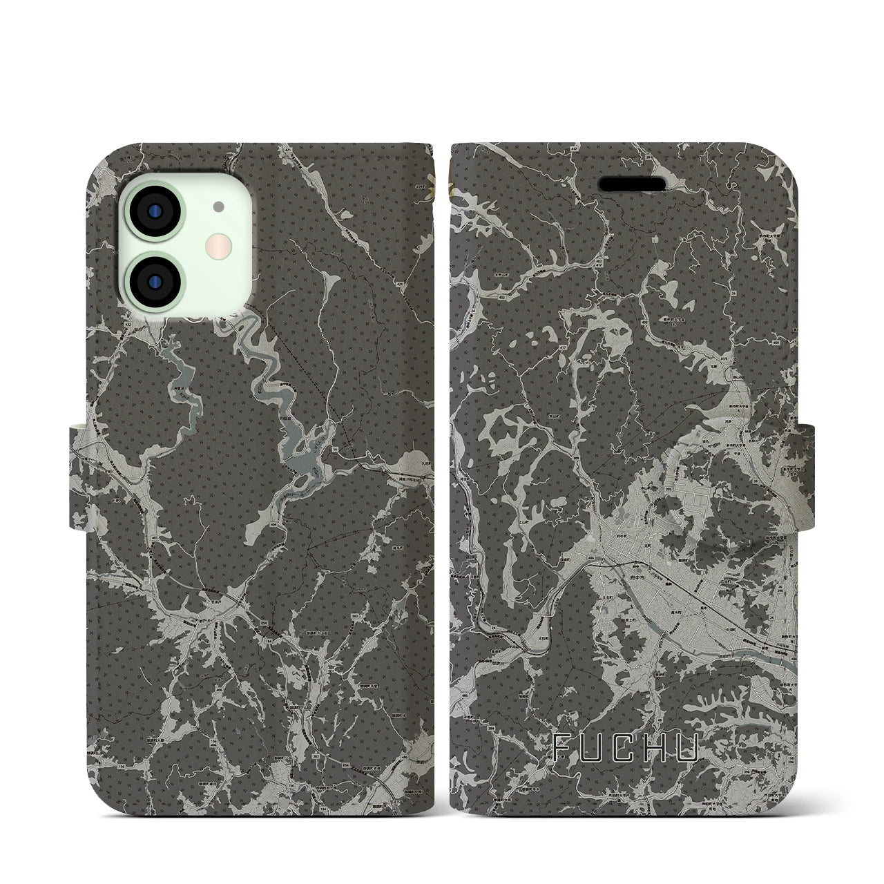 【府中(広島県)】地図柄iPhoneケース(手帳タイプ)モノトーン・iPhone 12 mini 用