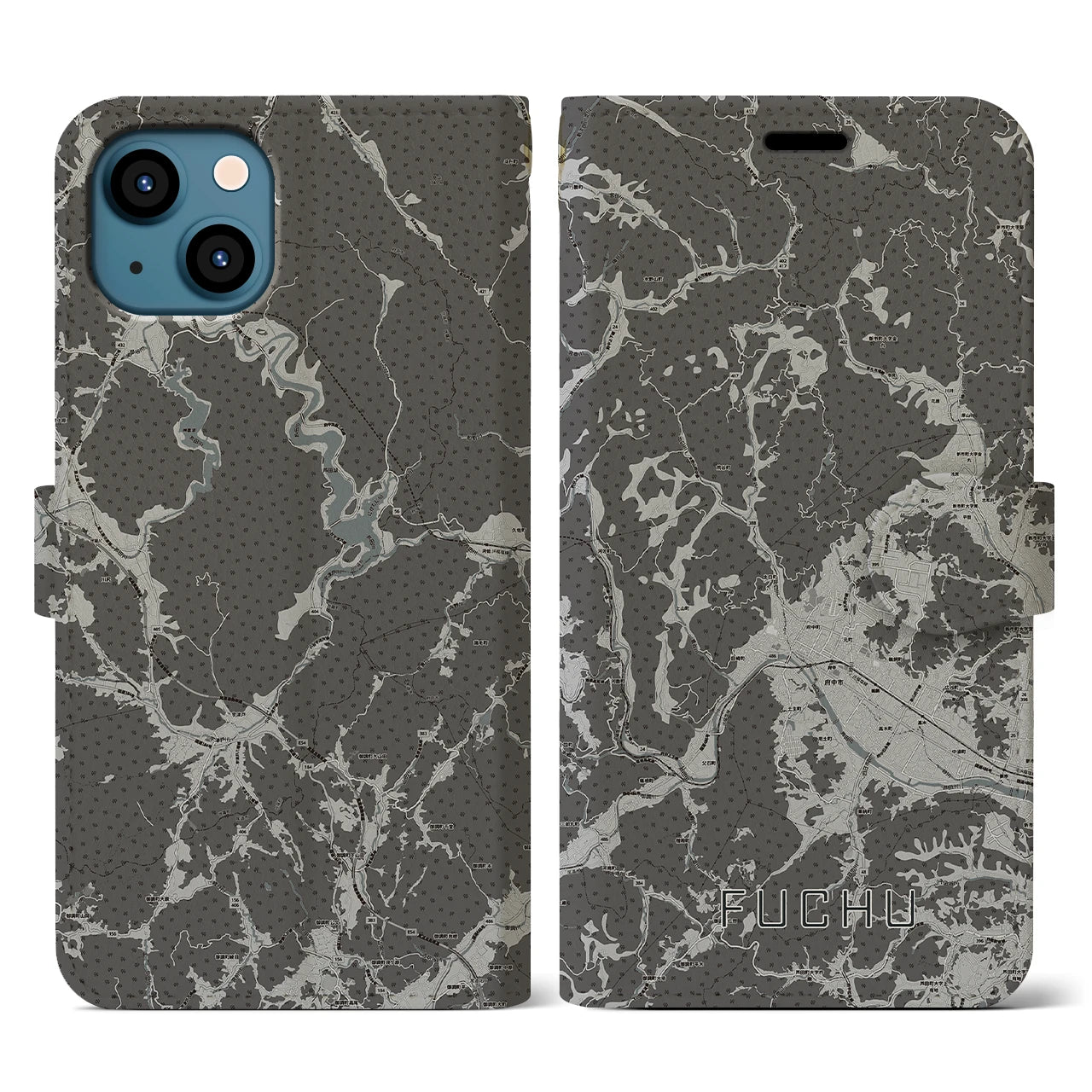 【府中(広島県)】地図柄iPhoneケース(手帳タイプ)モノトーン・iPhone 13 用