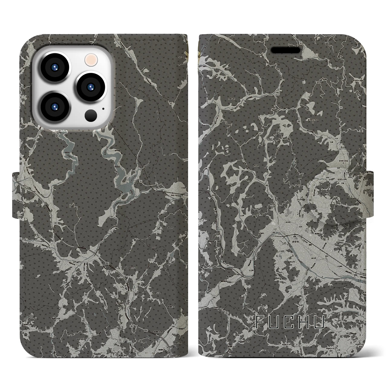 【府中(広島県)】地図柄iPhoneケース(手帳タイプ)モノトーン・iPhone 13 Pro 用