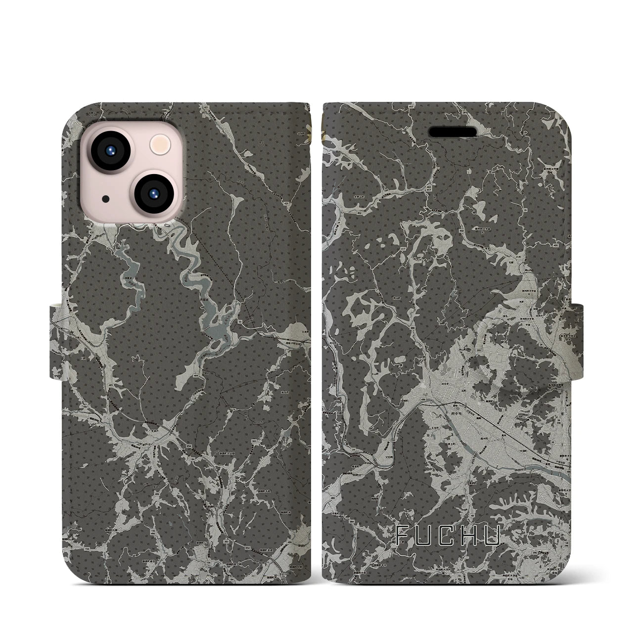 【府中(広島県)】地図柄iPhoneケース(手帳タイプ)モノトーン・iPhone 13 mini 用