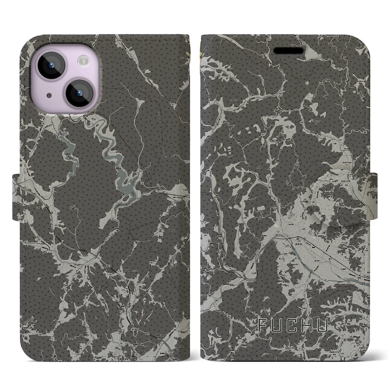 【府中(広島県)】地図柄iPhoneケース(手帳タイプ)モノトーン・iPhone 14 用