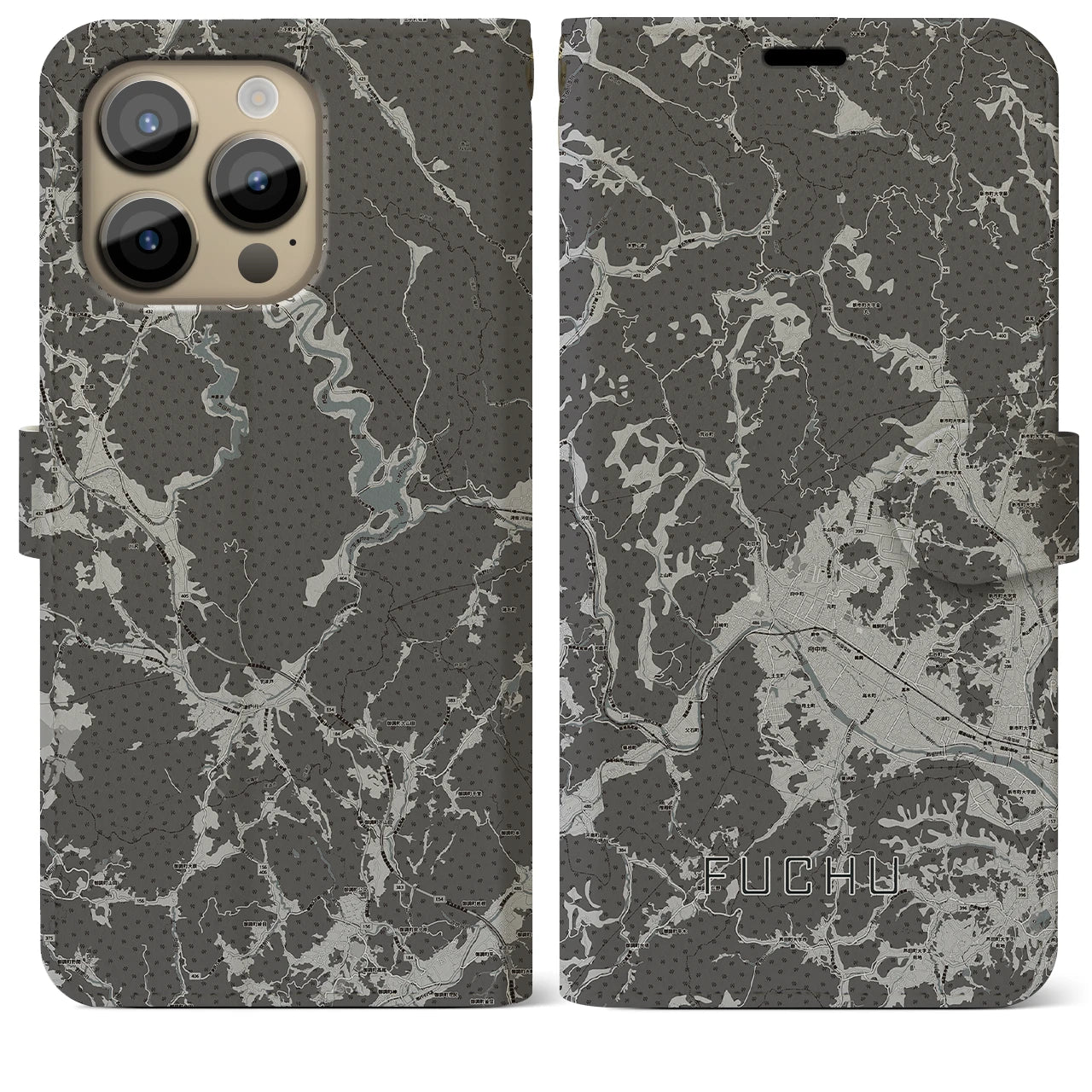 【府中(広島県)】地図柄iPhoneケース(手帳タイプ)モノトーン・iPhone 14 Pro Max 用