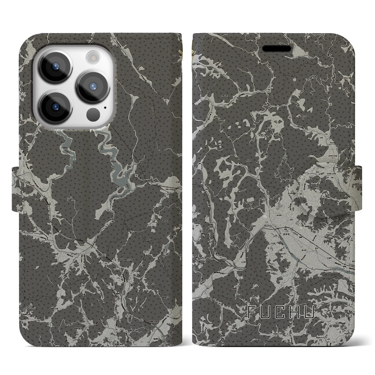 【府中(広島県)】地図柄iPhoneケース(手帳タイプ)モノトーン・iPhone 14 Pro 用