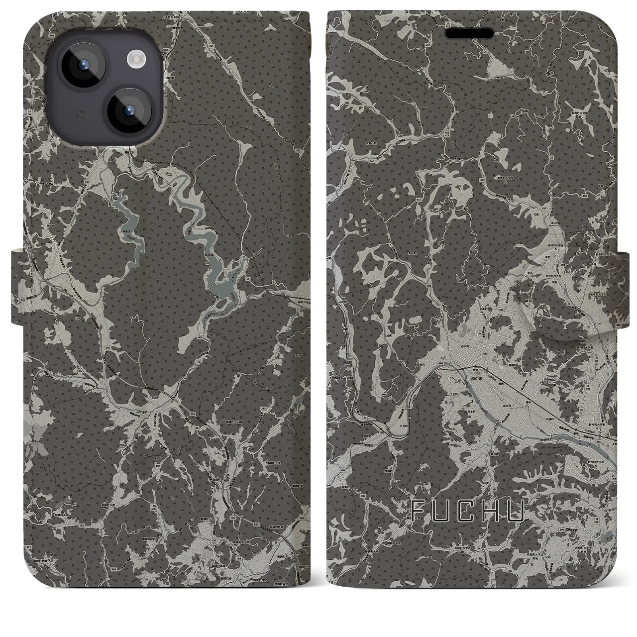 【府中(広島県)】地図柄iPhoneケース(手帳タイプ)モノトーン・iPhone 14 Plus 用