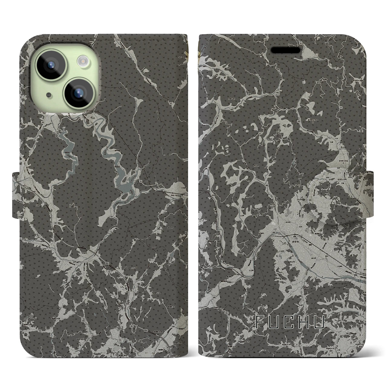 【府中(広島県)】地図柄iPhoneケース(手帳タイプ)モノトーン・iPhone 15 用