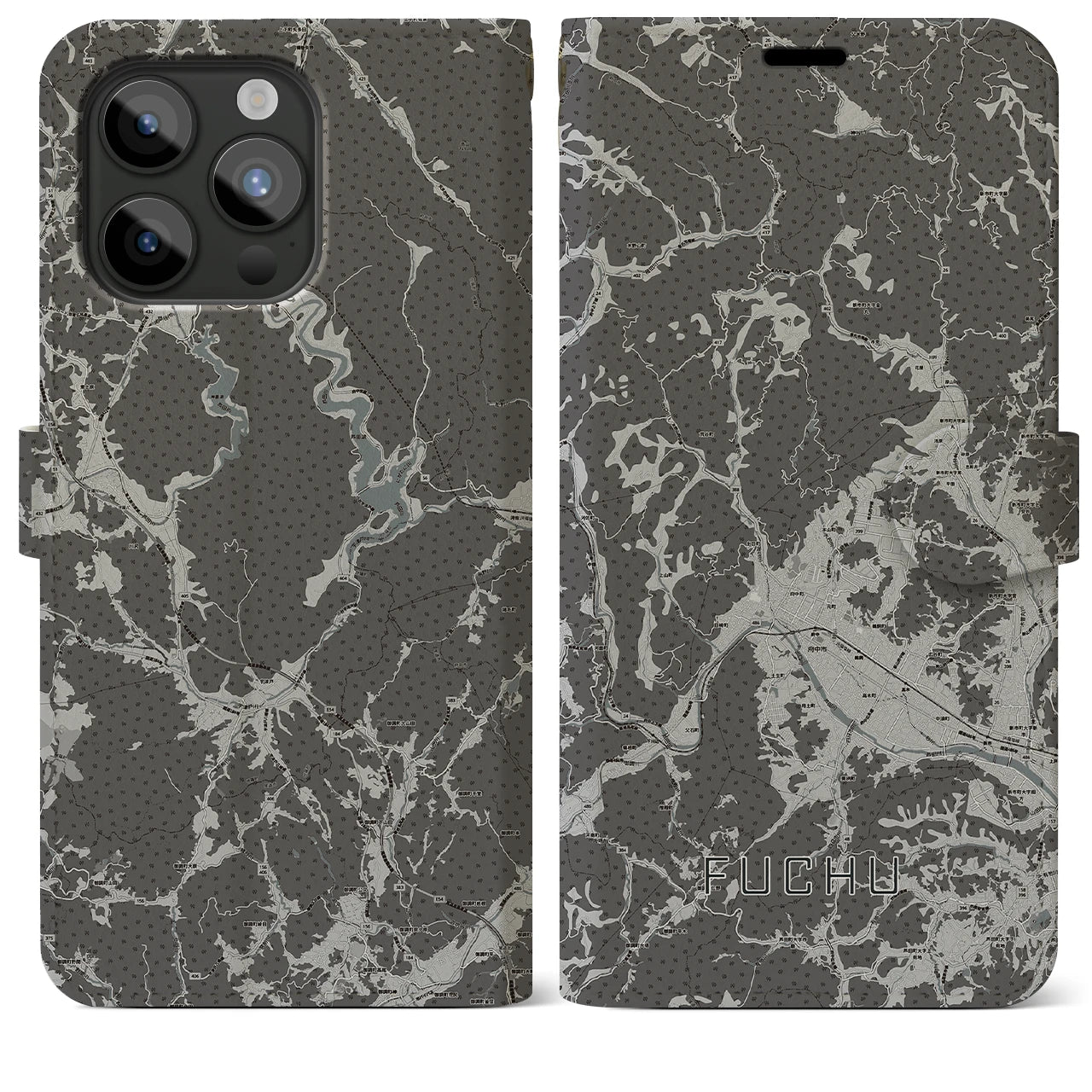 【府中(広島県)】地図柄iPhoneケース(手帳タイプ)モノトーン・iPhone 15 Pro Max 用