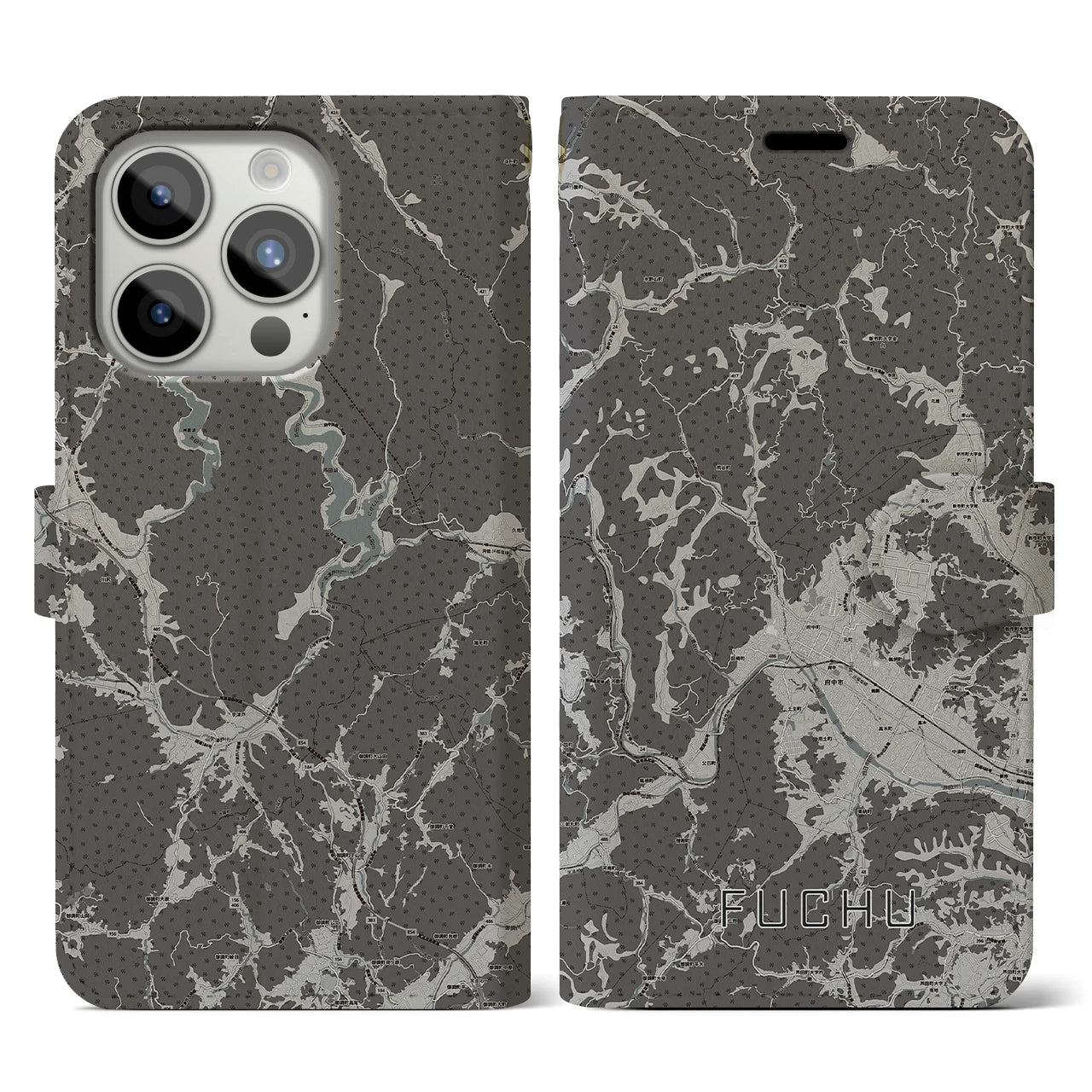 【府中(広島県)】地図柄iPhoneケース(手帳タイプ)モノトーン・iPhone 15 Pro 用