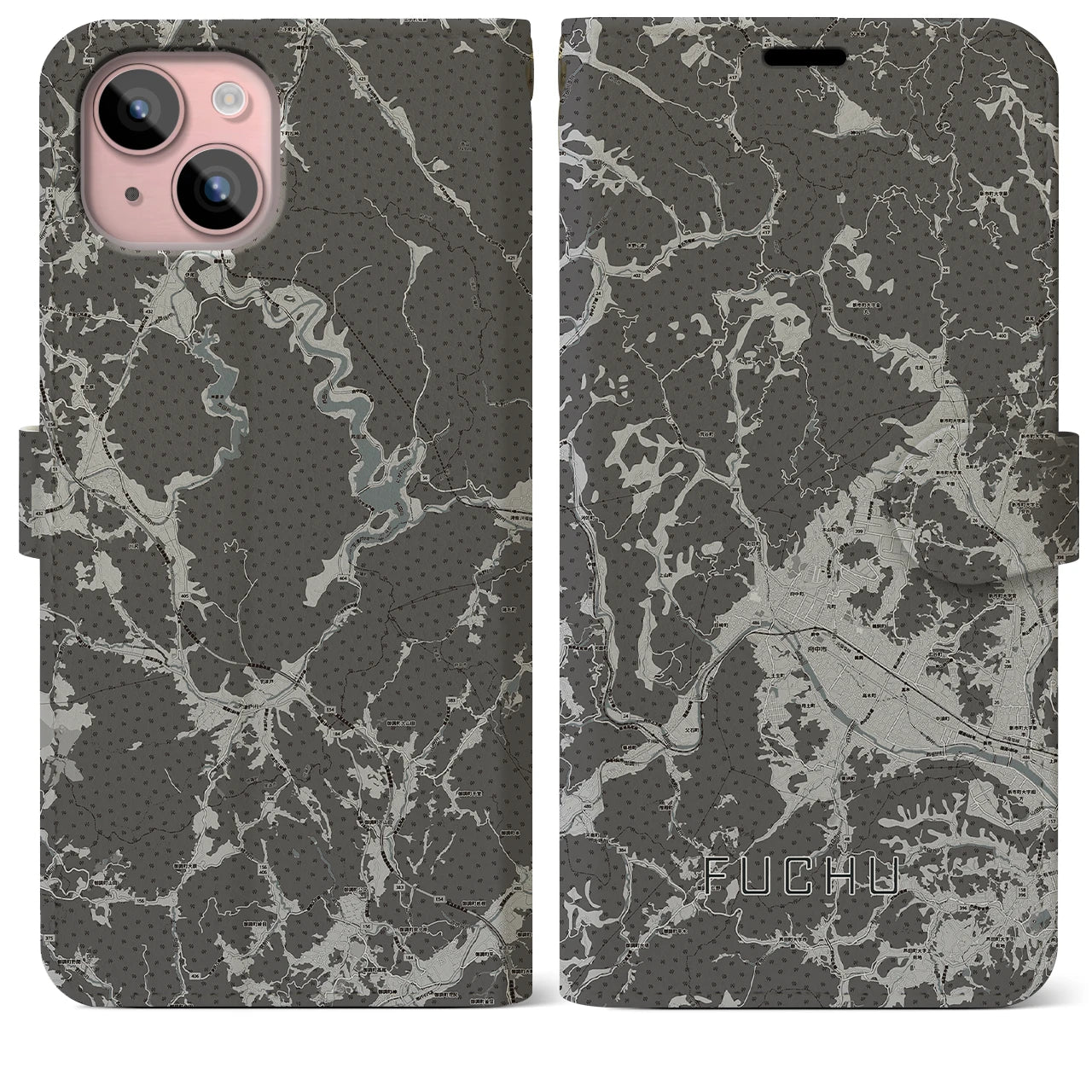 【府中(広島県)】地図柄iPhoneケース(手帳タイプ)モノトーン・iPhone 15 Plus 用