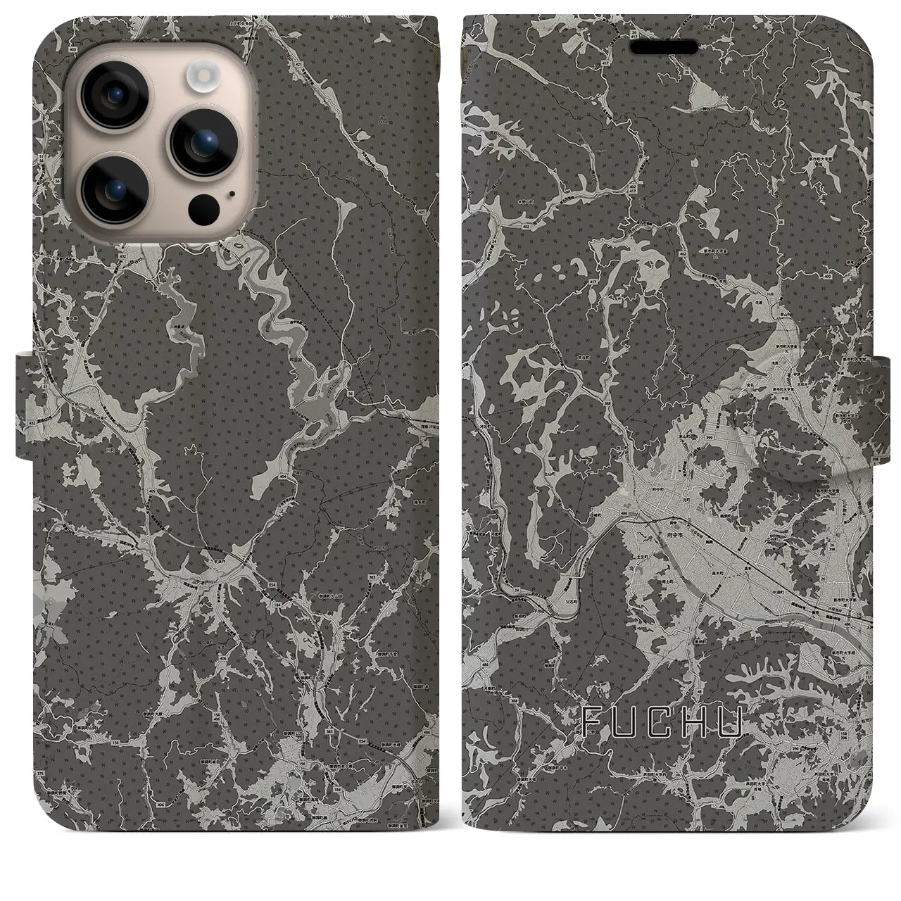 【府中(広島県)】地図柄iPhoneケース(手帳タイプ)モノトーン・iPhone 16 Plus 用