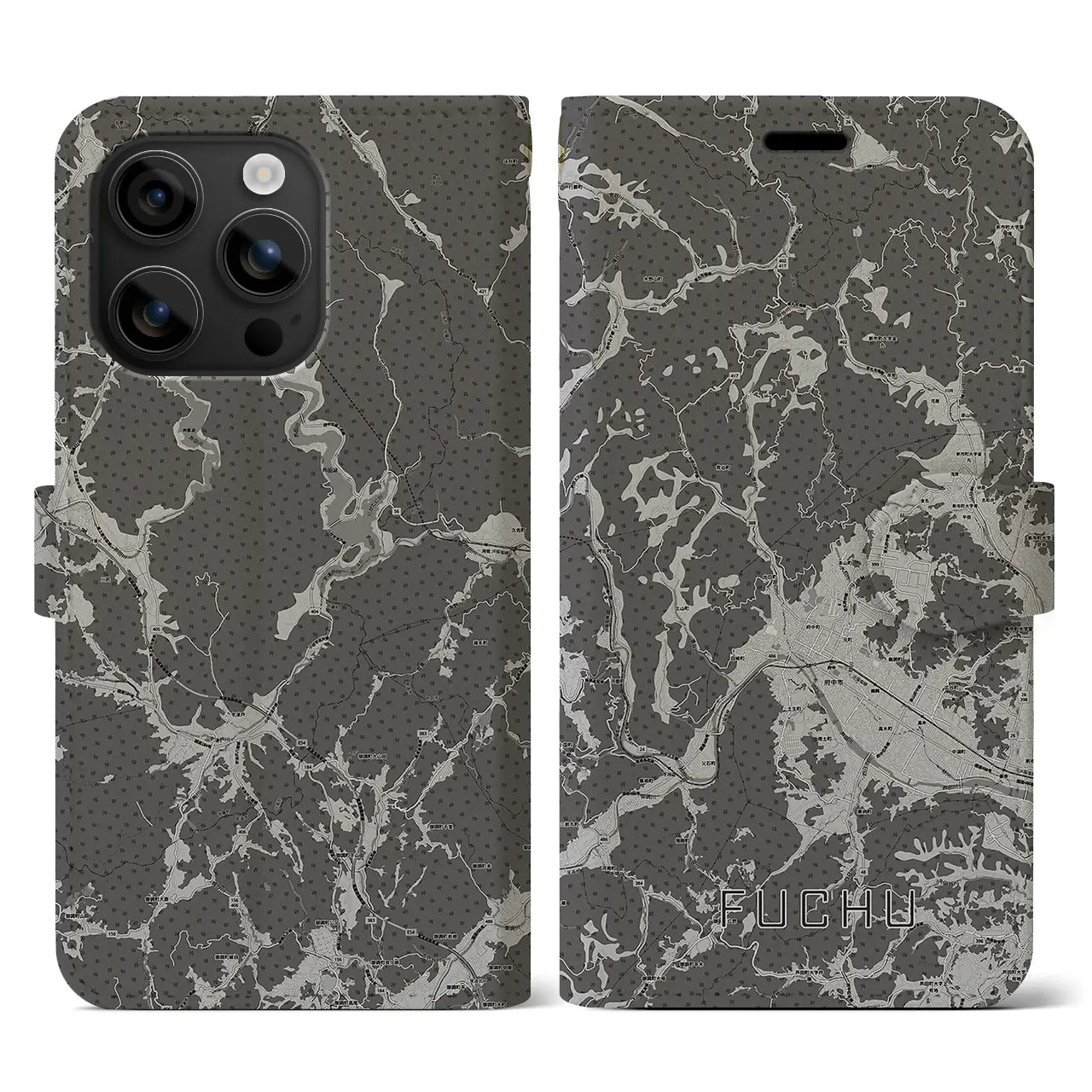 【府中(広島県)】地図柄iPhoneケース(手帳タイプ)モノトーン・iPhone 16 用