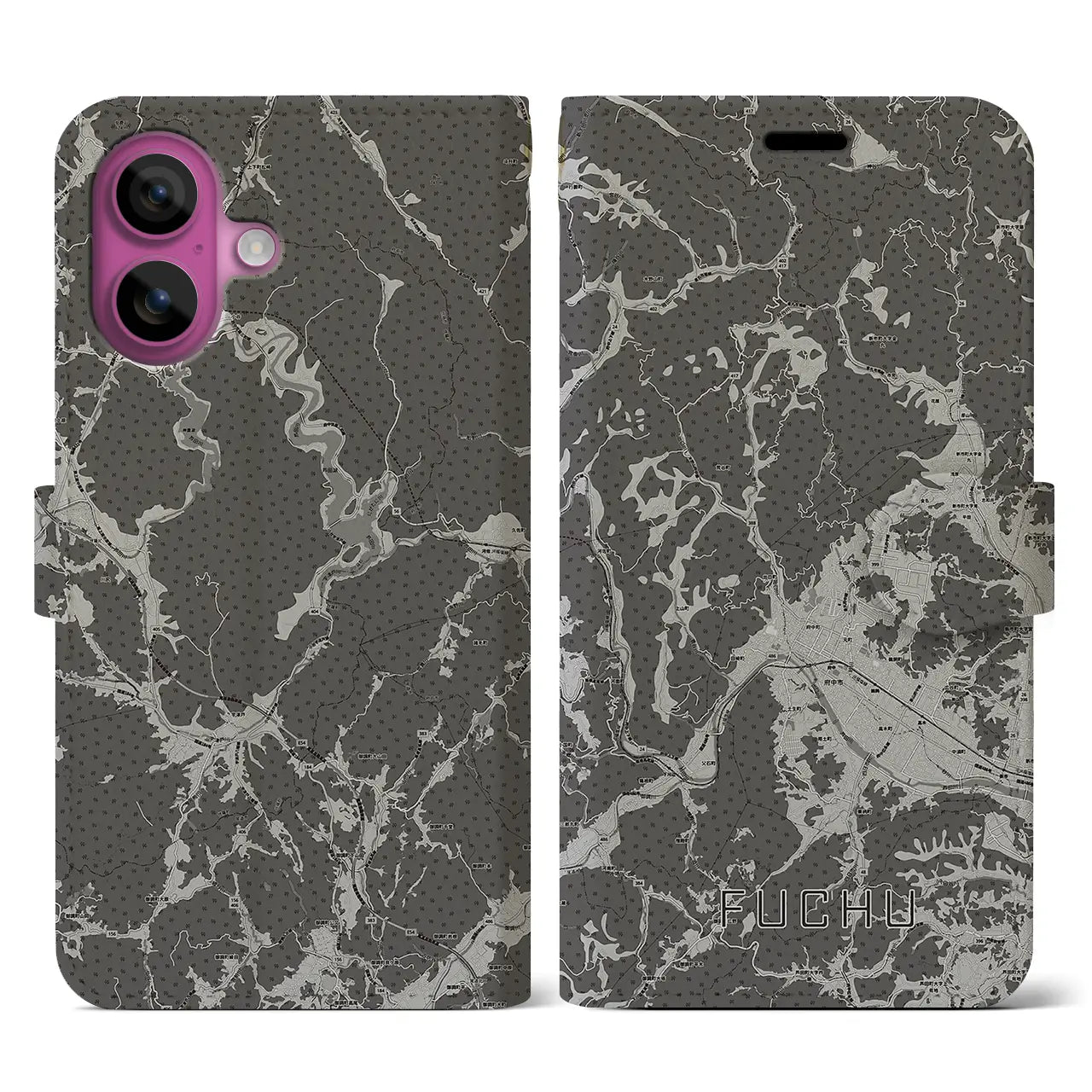 【府中(広島県)】地図柄iPhoneケース(手帳タイプ)モノトーン・iPhone 16 Pro 用