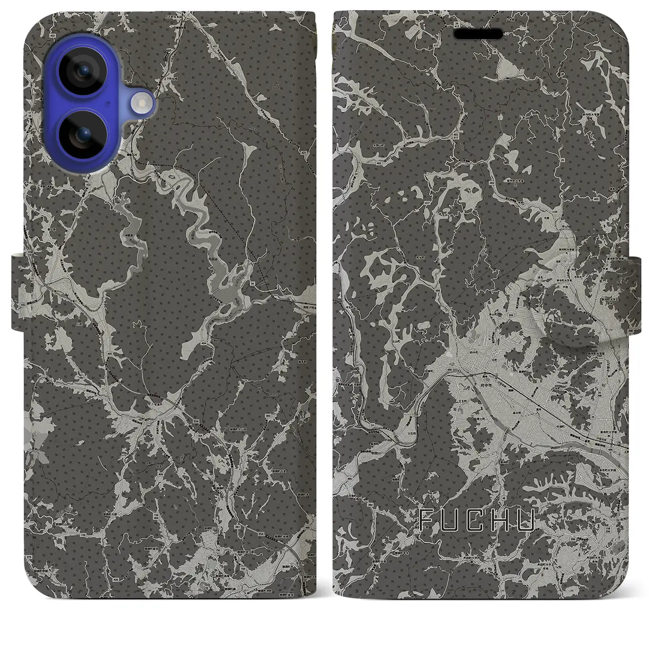 【府中(広島県)】地図柄iPhoneケース(手帳タイプ)モノトーン・iPhone 16 Pro Max 用