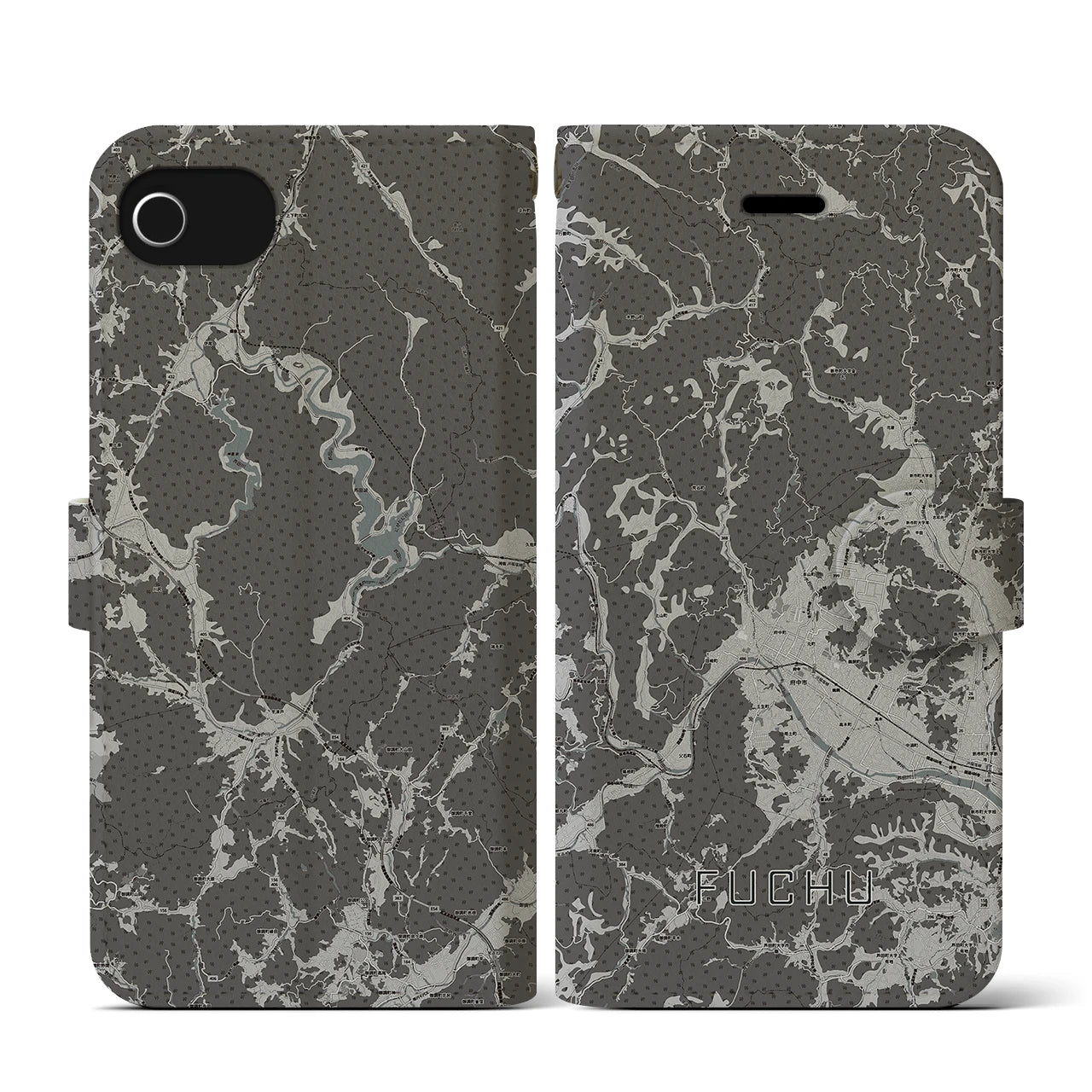 【府中(広島県)】地図柄iPhoneケース(手帳タイプ)モノトーン・iPhone SE(第3 / 第2世代) / 8 / 7 / 6s / 6 用