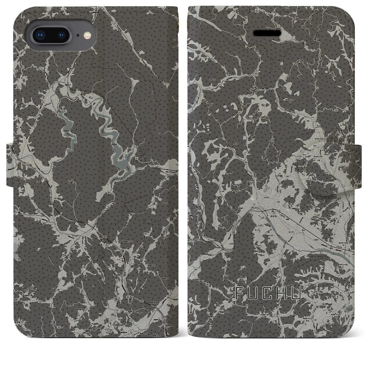 【府中(広島県)】地図柄iPhoneケース(手帳タイプ)モノトーン・iPhone 8Plus /7Plus / 6sPlus / 6Plus 用