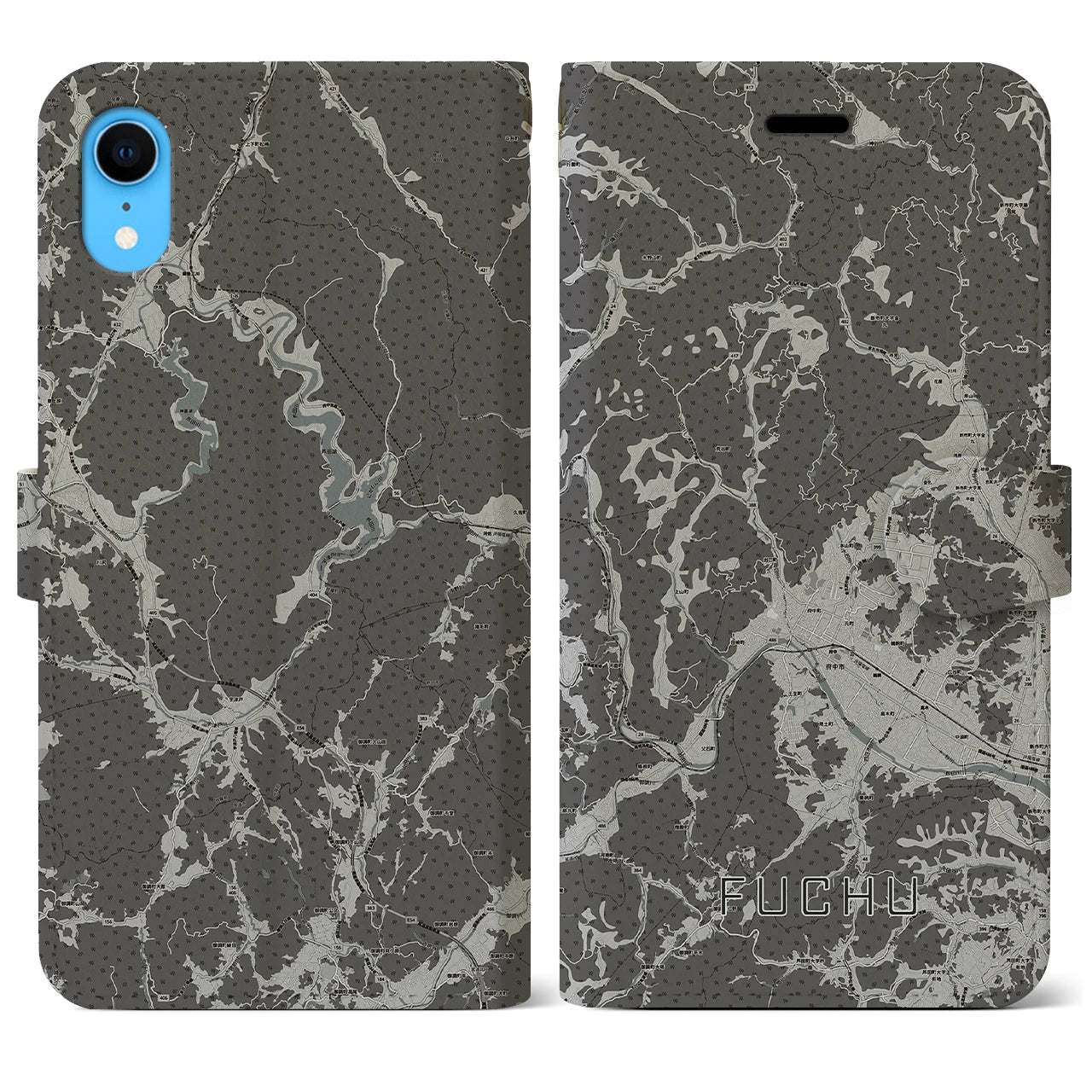 【府中(広島県)】地図柄iPhoneケース(手帳タイプ)モノトーン・iPhone XR 用