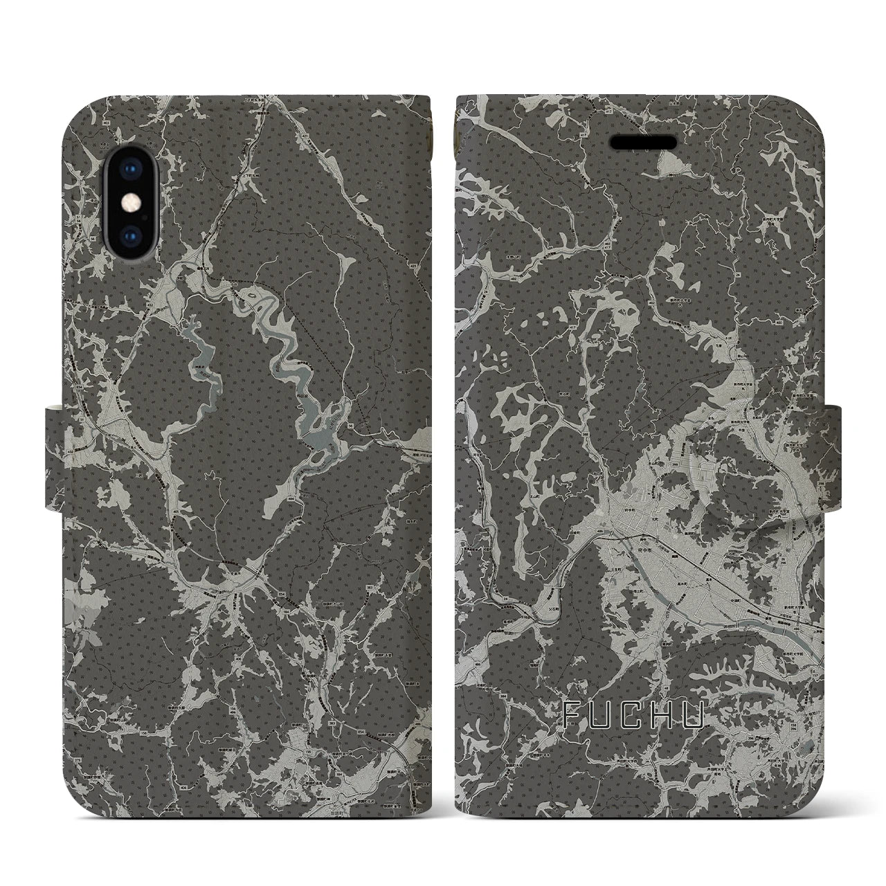 【府中(広島県)】地図柄iPhoneケース(手帳タイプ)モノトーン・iPhone XS / X 用