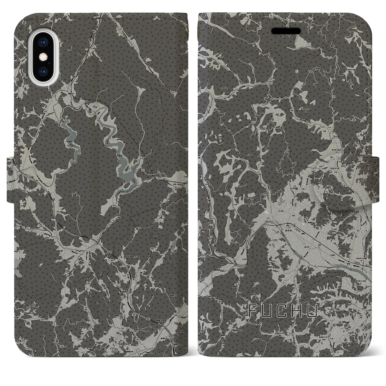 【府中(広島県)】地図柄iPhoneケース(手帳タイプ)モノトーン・iPhone XS Max 用