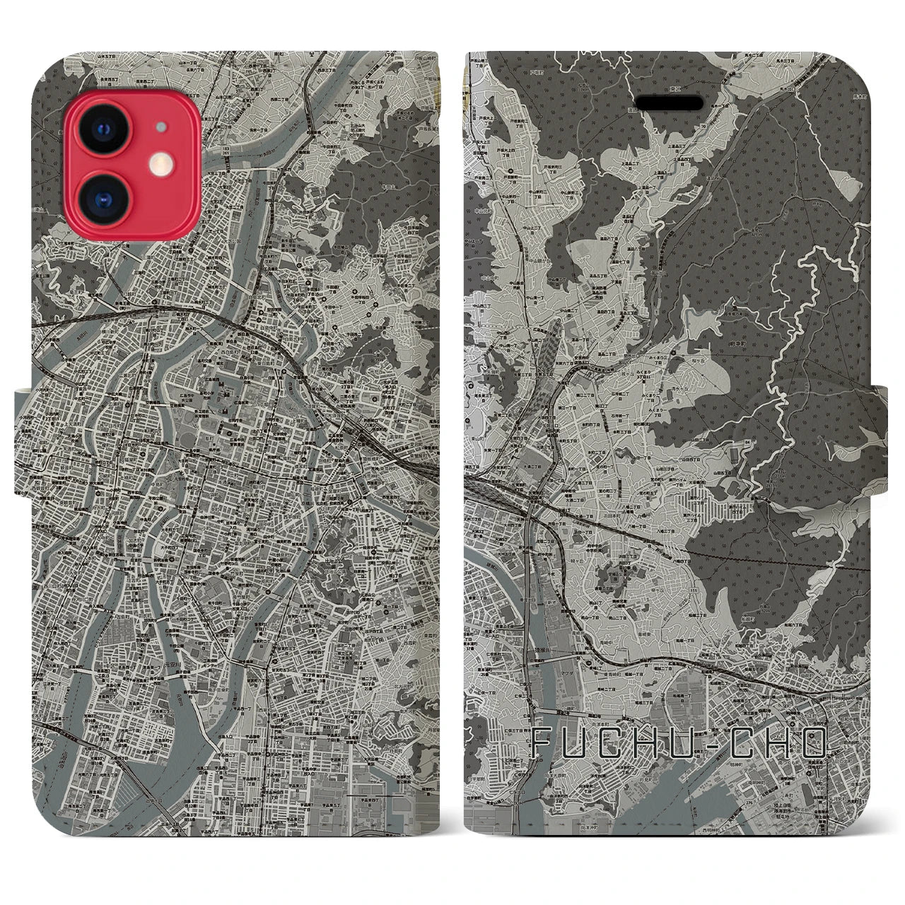 【府中町(広島県)】地図柄iPhoneケース(手帳タイプ)モノトーン・iPhone 11 用