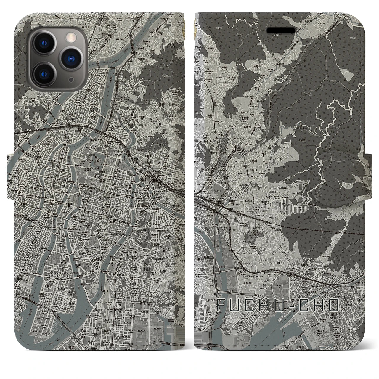 【府中町(広島県)】地図柄iPhoneケース(手帳タイプ)モノトーン・iPhone 11 Pro Max 用