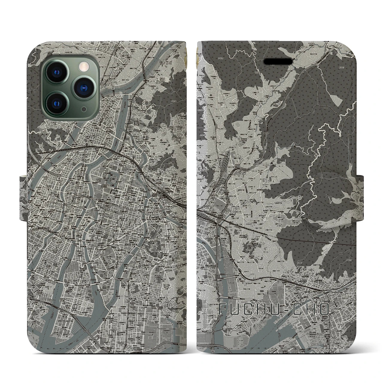 【府中町(広島県)】地図柄iPhoneケース(手帳タイプ)モノトーン・iPhone 11 Pro 用