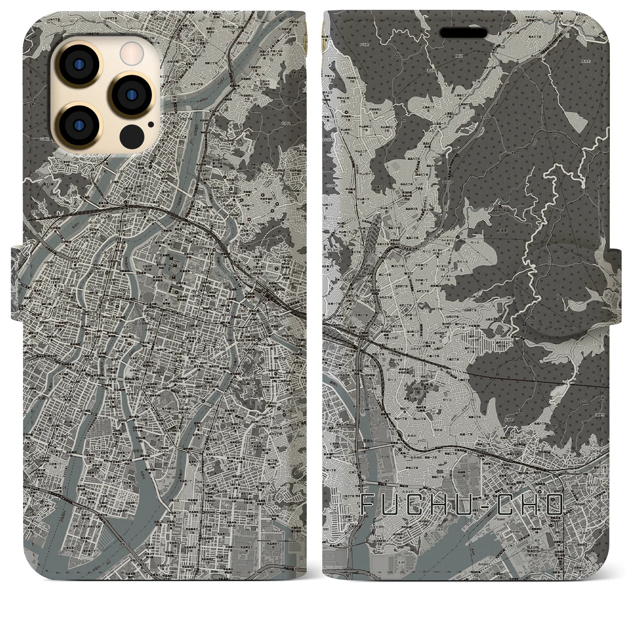 【府中町(広島県)】地図柄iPhoneケース(手帳タイプ)モノトーン・iPhone 12 Pro Max 用