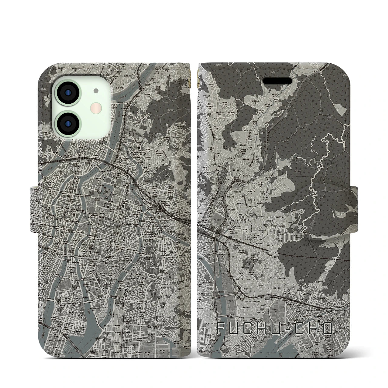 【府中町(広島県)】地図柄iPhoneケース(手帳タイプ)モノトーン・iPhone 12 mini 用