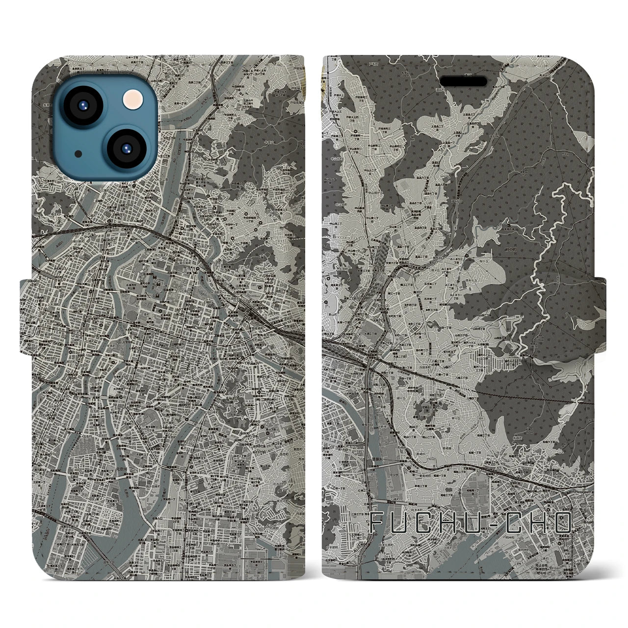 【府中町(広島県)】地図柄iPhoneケース(手帳タイプ)モノトーン・iPhone 13 用