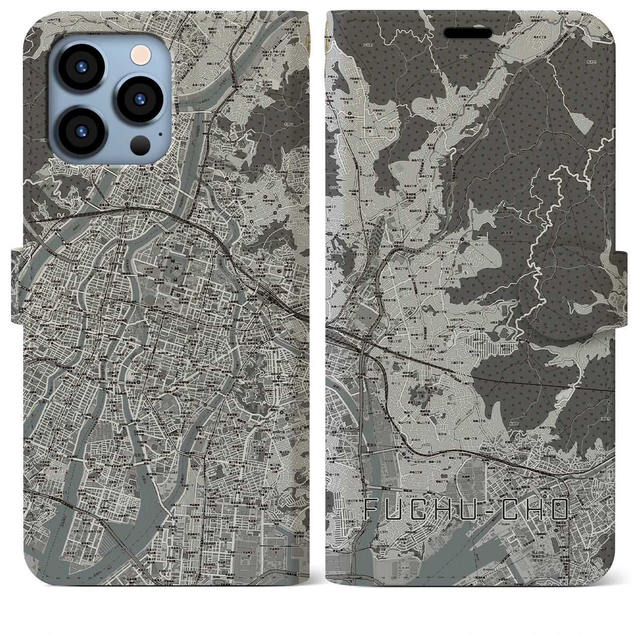 【府中町(広島県)】地図柄iPhoneケース(手帳タイプ)モノトーン・iPhone 13 Pro Max 用